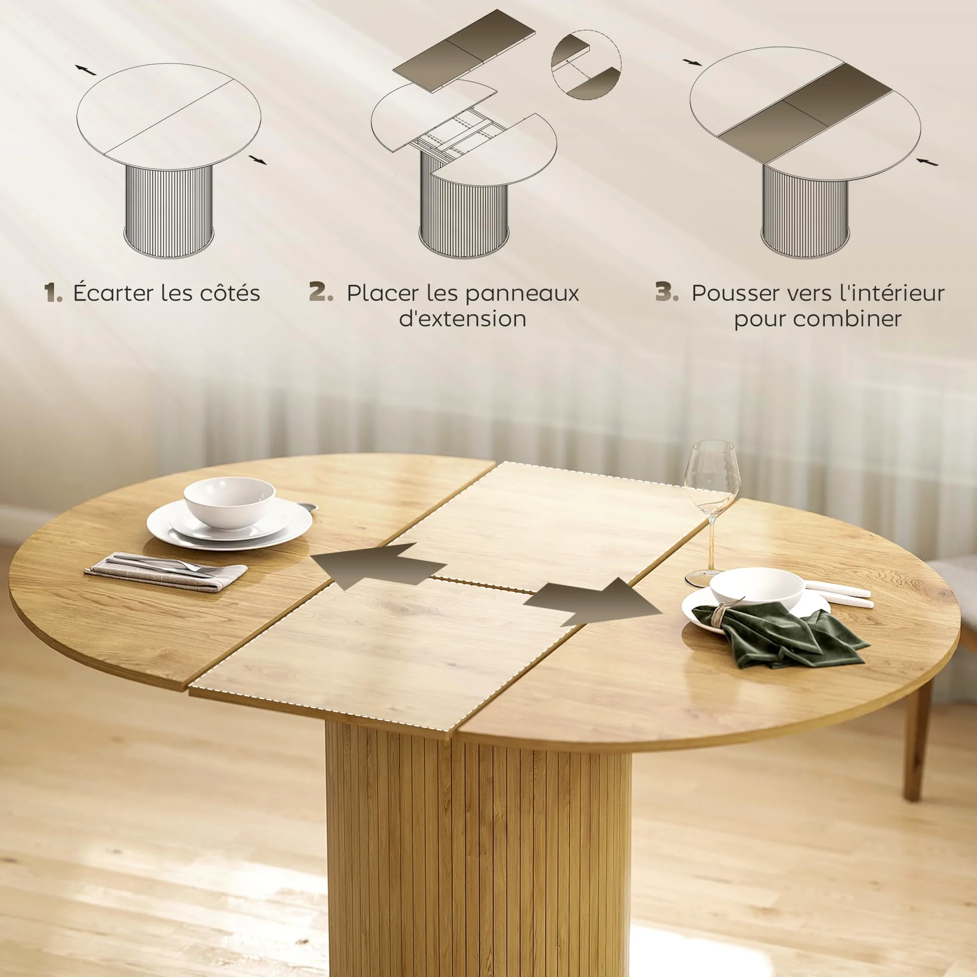 HOMCOM Table à Manger Extensible, Table de Cuisine, pour 6 à 8 Personnes, pour Petits espaces, Style campagnard, 110-150 x 75 cm, Effet Bois Naturel