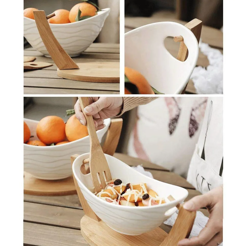 Créatif Bol De Fruits avec Support en Bambou, Berceau Saladier Bol à Collation Aux Fruits Vaisselle en Céramique Blanc,White-32cm(12.8inch)