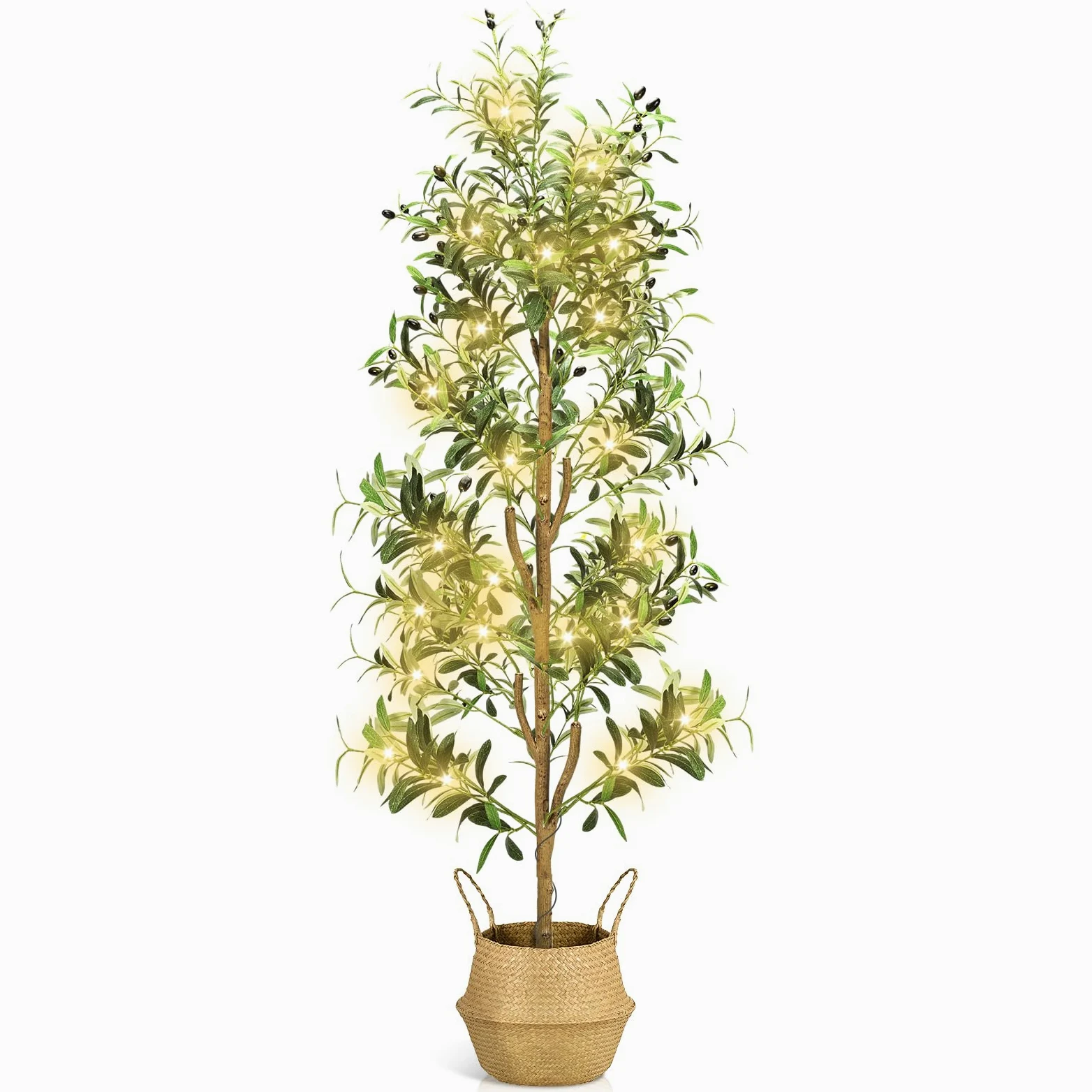 NZQXJXZ Olivier Artificiel 180 cm avec Lumières pour Maison Bureau | Plantes Artificielles Intérieur avec Pot & Panier, Fausse Plante Intérieur avec Tronc Naturel et Fruits Réalistes
