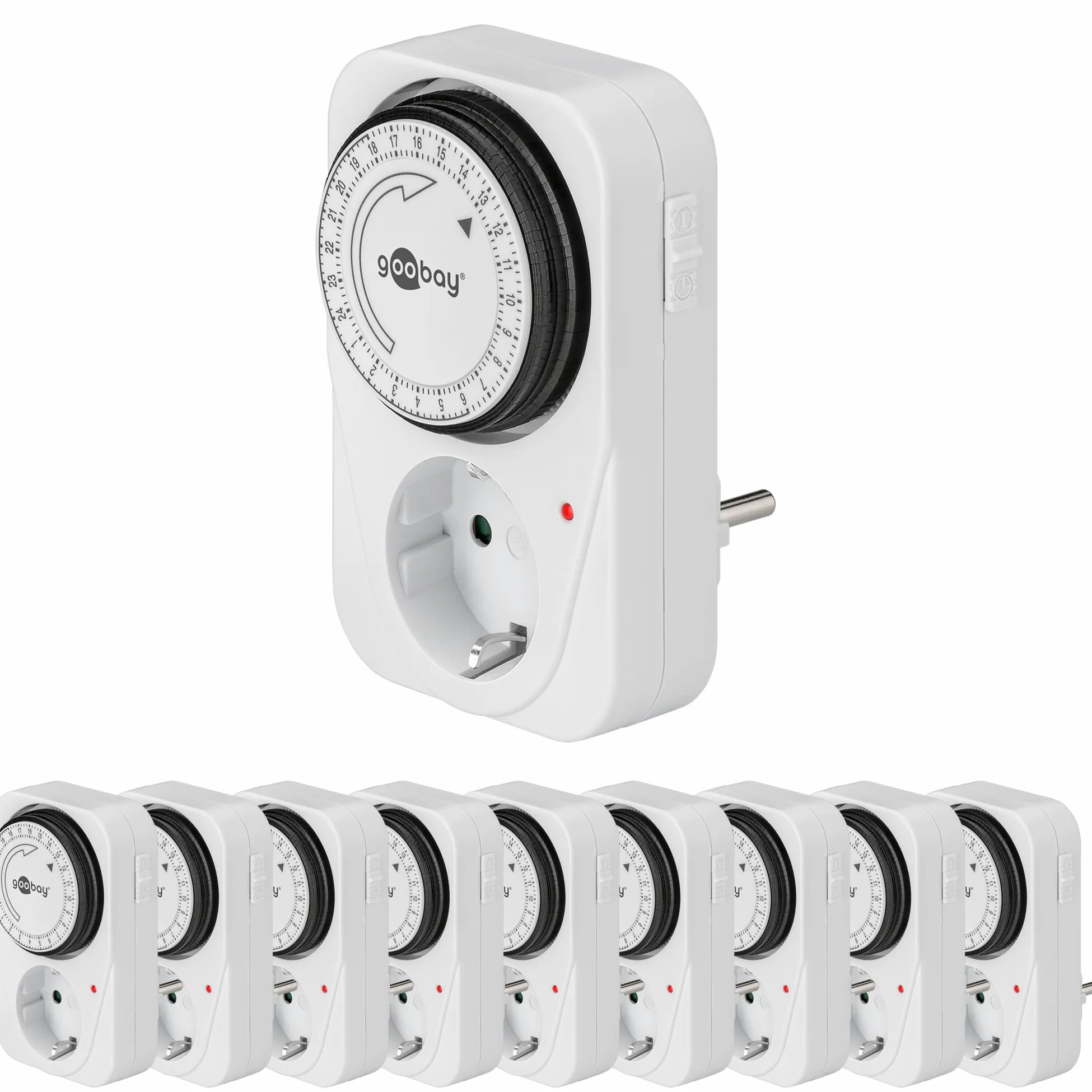 Goobay 64896 Lot de 10 minuteries analogiques pour l'intérieur - Minuterie intérieure - Minuterie réglable de 15 Minutes - Convient pour l'intérieur - LED de contrôle - Fonctionnement continu Possible