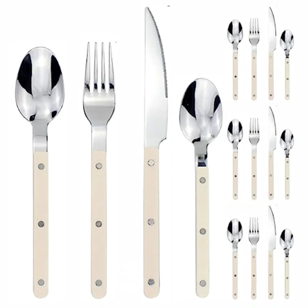 16 Pièces Pince Poignée Cuisine en Acier Inoxydable Argenterie Vaisselle Couverts Couteaux Fourchettes Cuillères Ensemble pour 4 Personnes Hôtel Maison Couteau À Steak Cuillère Dessert (Blanc)