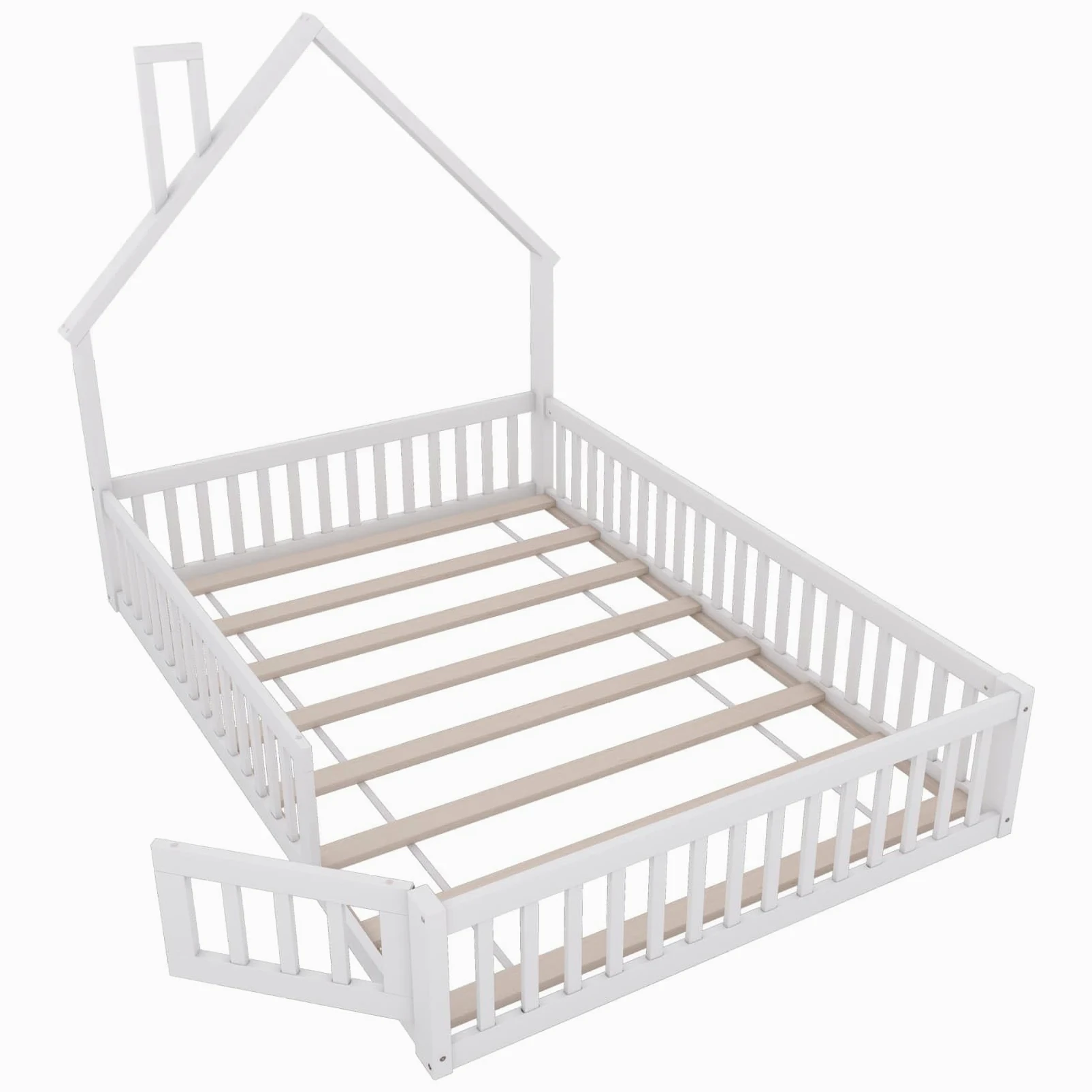 Lit Au Sol Enfant,Lit Cabane Enfant 140x200 avec Sommier à Lattes Solide,Porte,Barrière de lit,pour Enfants,Pin (Blanc, 140x200)