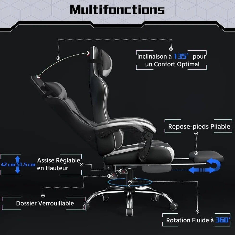 Yaheetech Chaise Gaming Ergonomique Massante avec Repose-Pieds Inclinable Rembourré en Similicuir, Fauteuil de Bureau avec Appui-tête et Support Lombaire Roues Pivotantes Blanc