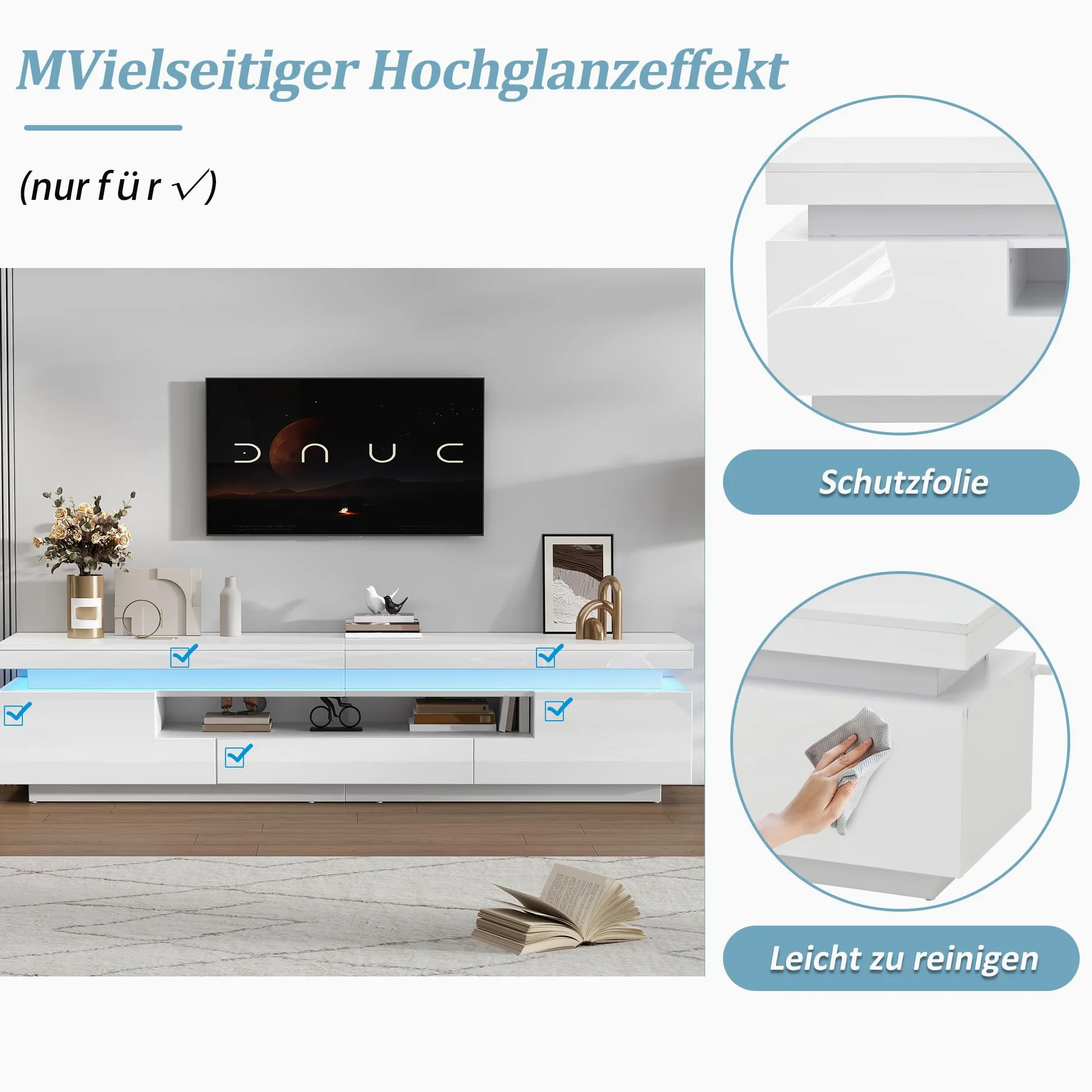 Meuble TV à Haute luminosité avec LED Portes tiroir Panneau Bas pour TV Jusqu’à 75 Pouces Meubles de Base avec Espace de Rangement Semi-Ouvert pour Le Salon Table d’Armoire TV Blanc