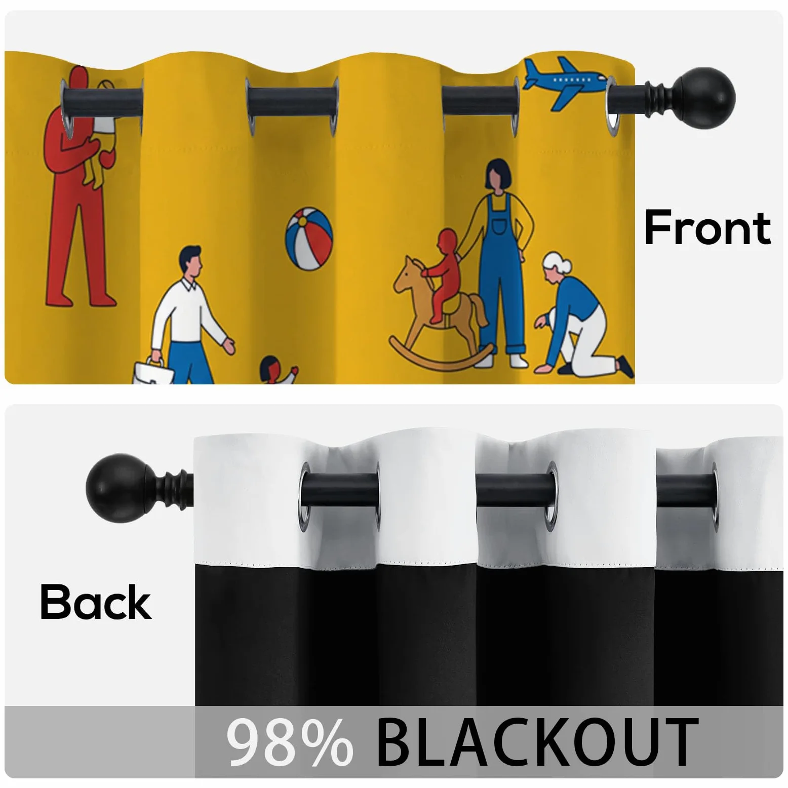 Rideau Occultant Vie Famille Dessin Animé Thermiques Anti Froid, 140x175cm Rideaux Fenêtre Opaque Jeux Parents-Enfants à Oeillets Anti UV Intérieurs Decoration Dressing Salon Chambre Maison, Jaune