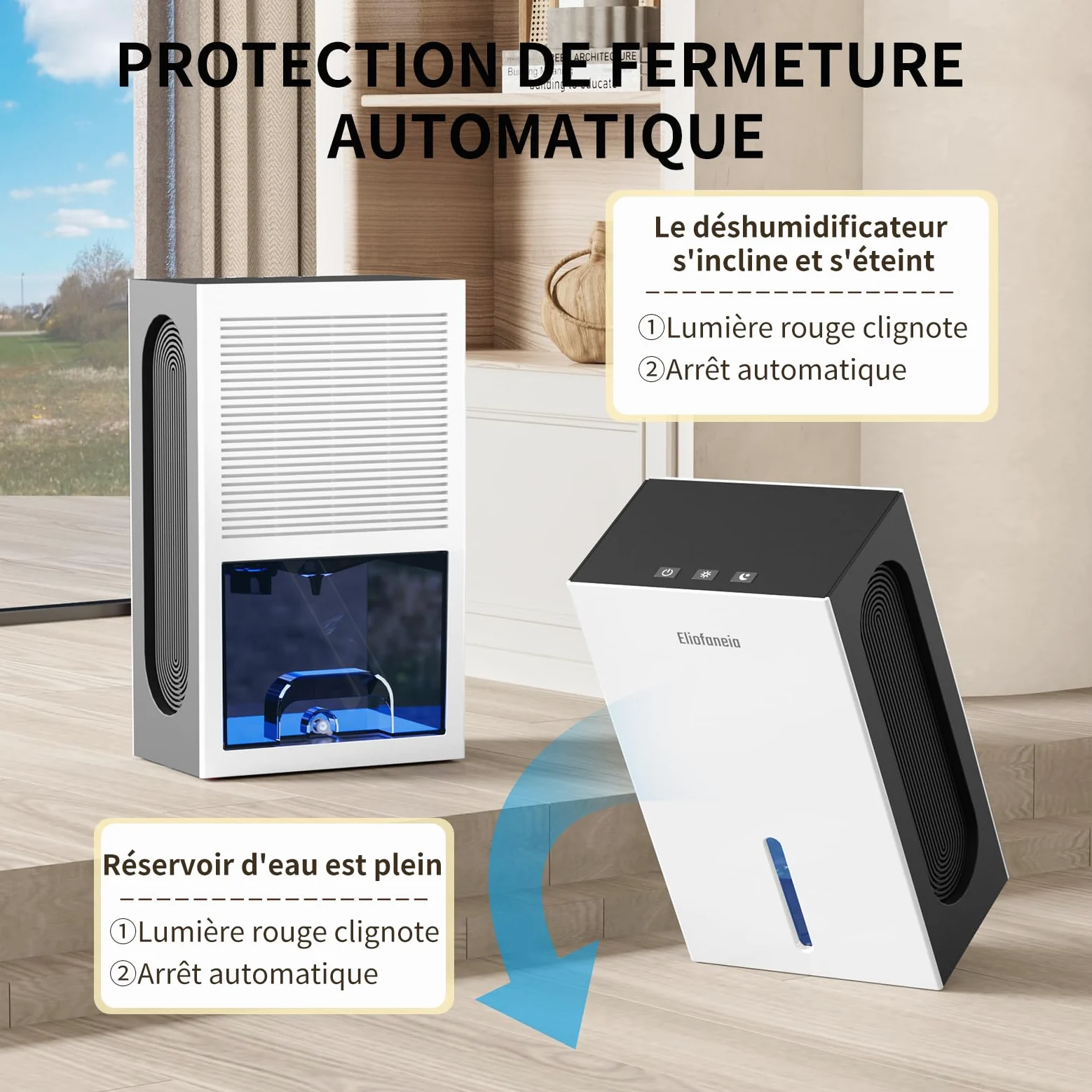 Déshumidificateur d'Air Puissant 1500ml/Jour - Technologie Unique 4 Condenseurs (+150% d'Efficacité) - Grand Réservoir 2,4L ou Drainage Continu - Ultra Silencieux, Mode Nuit, Maison & Chambre