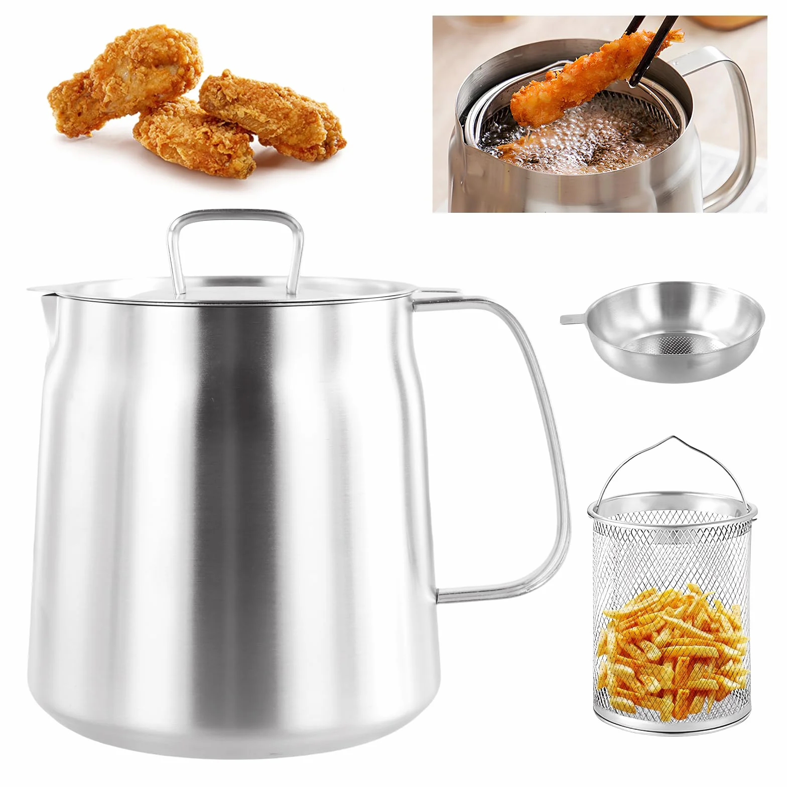 Pot de Filtre à Huile en Acier Inoxydable 304, Récipient à Graisse de Bacon avec Filtre À Mailles Fines et Panier à Friture, pour Stockage de l'Huile de Friture et Graisse de Cuisson, 2 L