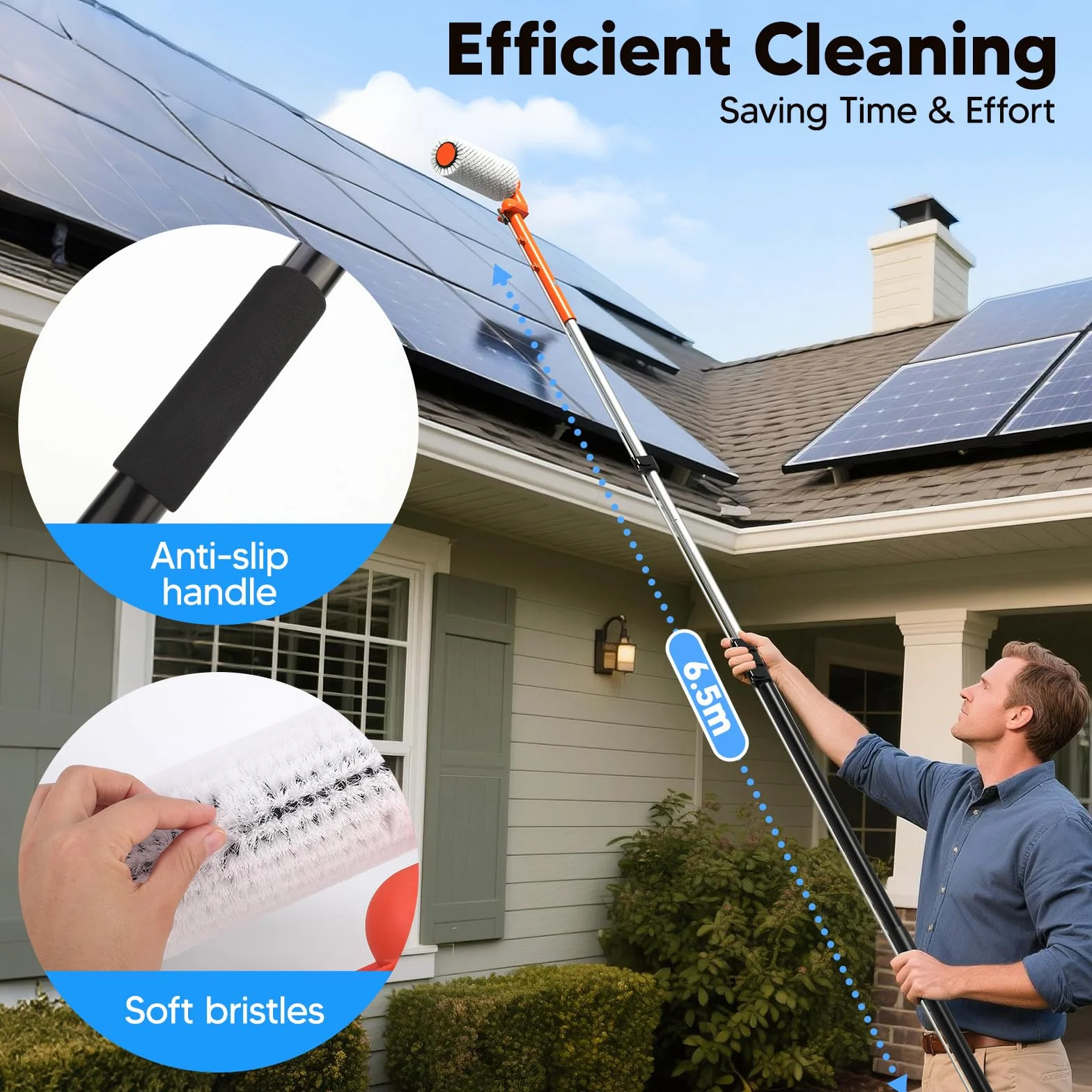Brosse de Lavage électrique télescopique de 6,5 m - Brosse de Nettoyage électrique à Rouleau avec raccord de Tuyau pour systèmes PV, fenêtres, toits de terrasse et Nettoyage des serres