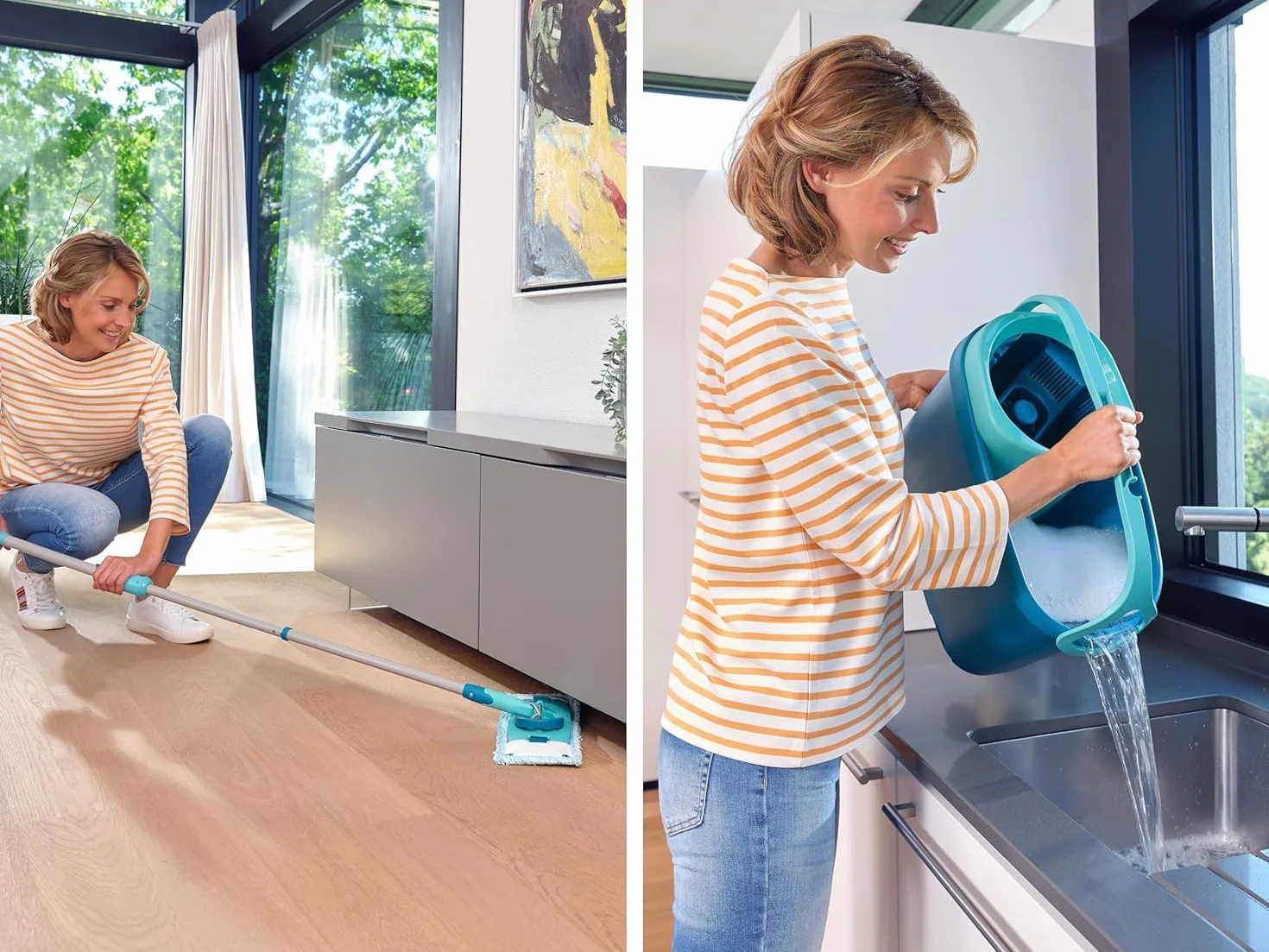 Leifheit Set Clean Twist M Ergo, Lave-Sol avec Molleton Ultra Doux, Seau essoreur et Balai à Plat essorage Facile, Balai serpillère Microfibre, kit de Lavage pour sols délicats, Chariot à roulettes