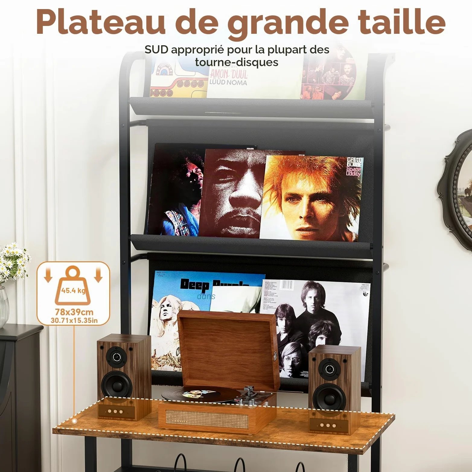 6 étages Platine Support Vinyle Rangement,Présentoir pour Disques Vinyles avec 3 étages rangement de disques vinyles,Armoire Table de Tourne,Tourne Disque Vinyle Stockage pour Salon,Studio,78x169x38cm