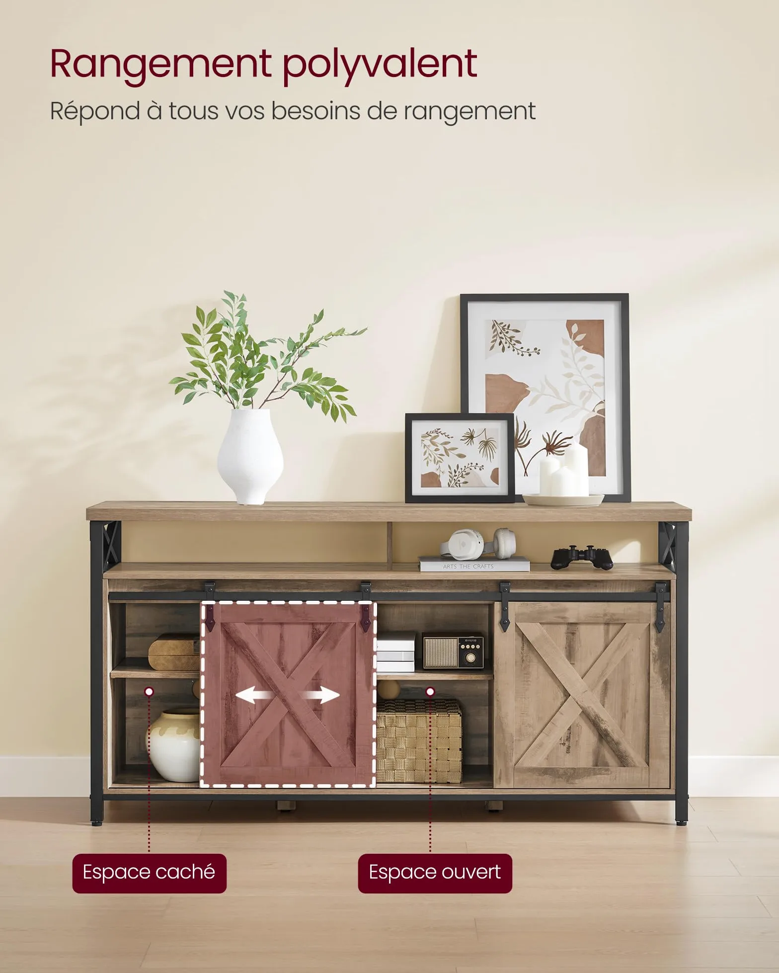 VASAGLE Meuble TV, Support pour Téléviseur Jusqu’à 65 Pouces, avec Étagères Réglables, Portes Imitation Grange, Style Rustique, Cadre en Métal, Marron Camel et Noir Simple LTV071B50V1