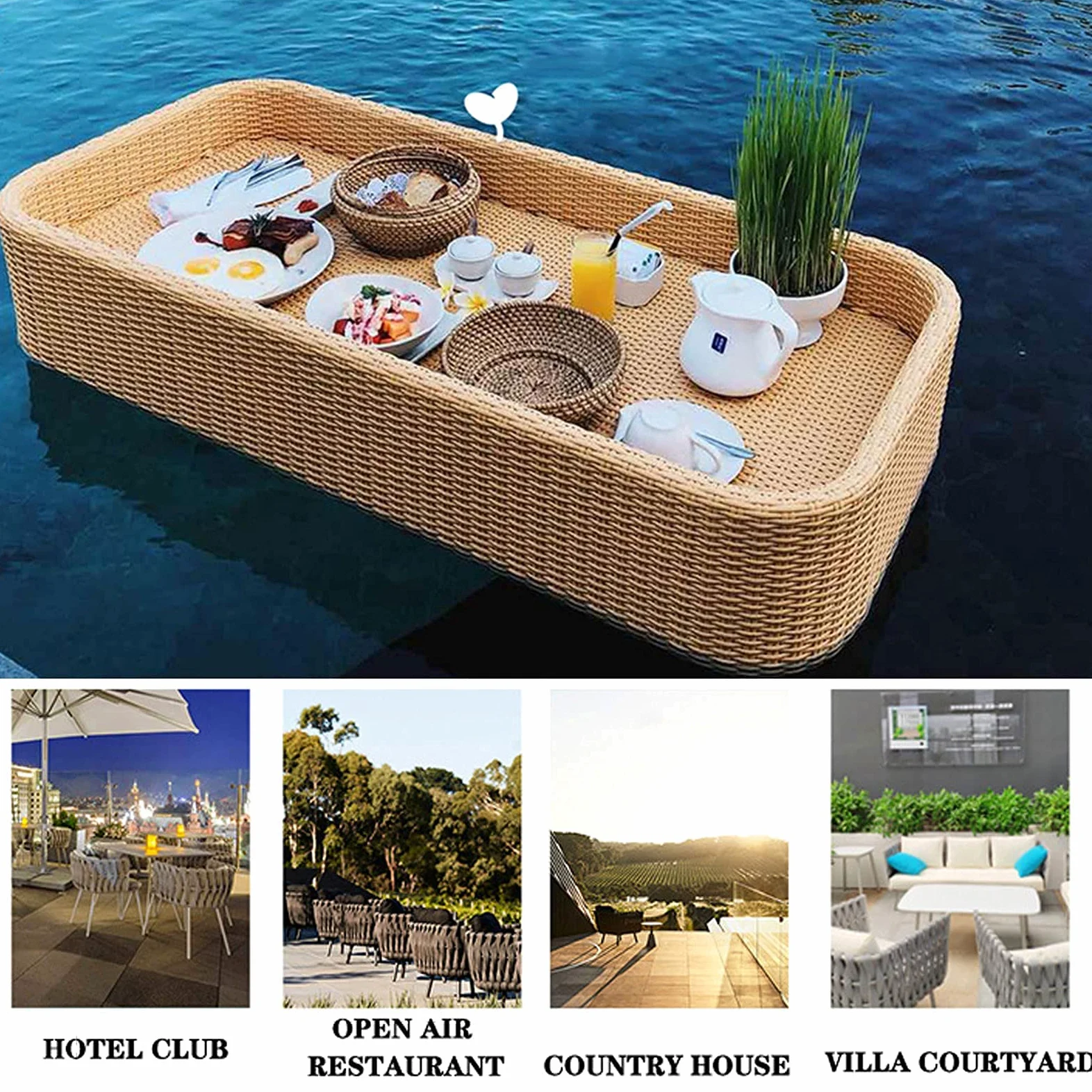 Plateau de Service tissé en rotin Plateau Alimentaire avec poignées Plateau Flottant Plateau de Service Flottant de Luxe Table Bar Piscine Plateau Flottant pour Piscine Servant des Boissons
