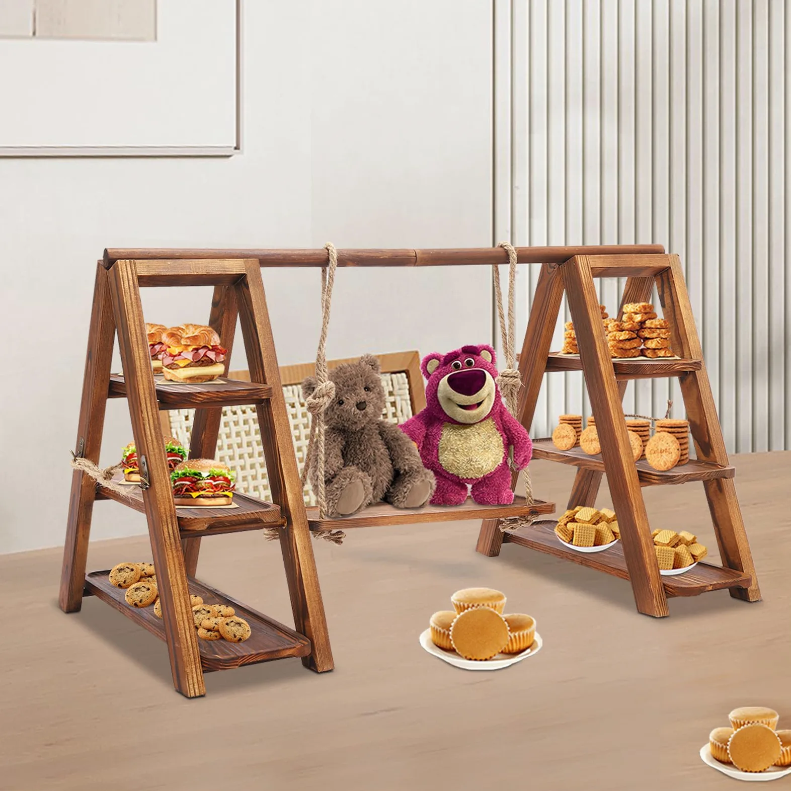 Plateau de service en bois - Présentoir à dessert en bois à 3 étages - Échelle de service rustique graduée - Support à dessert de ferme - Pour gâteaux, collations, fruits, chips