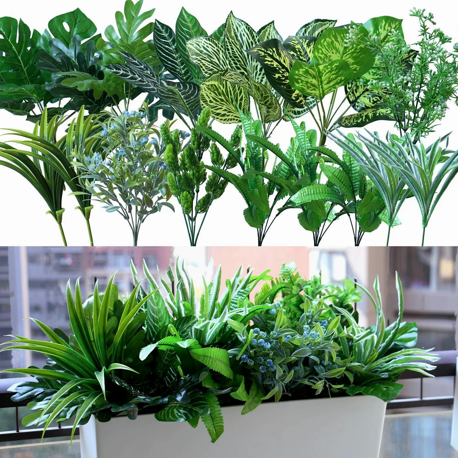 Lot de 15 Plantes artificielles d'extérieur résistantes aux UV en Vrac en Plastique pour décoration de Maison, Jardin, Pots de Fleurs, Pots de fenêtre, Porche, Panier Suspendu