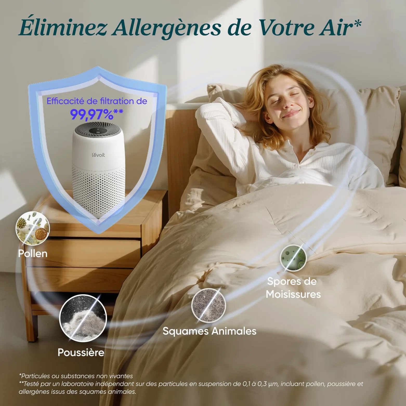 LEVOIT Purificateur d'Air Chambre, Filtration Efficace contre Allergies et Odeurs, Silencieux, avec Éponge d'Aromathérapie, 7W Économie d'Énergie, 3 Vitesses, Air Purifier HEPA pour Maison Bureau