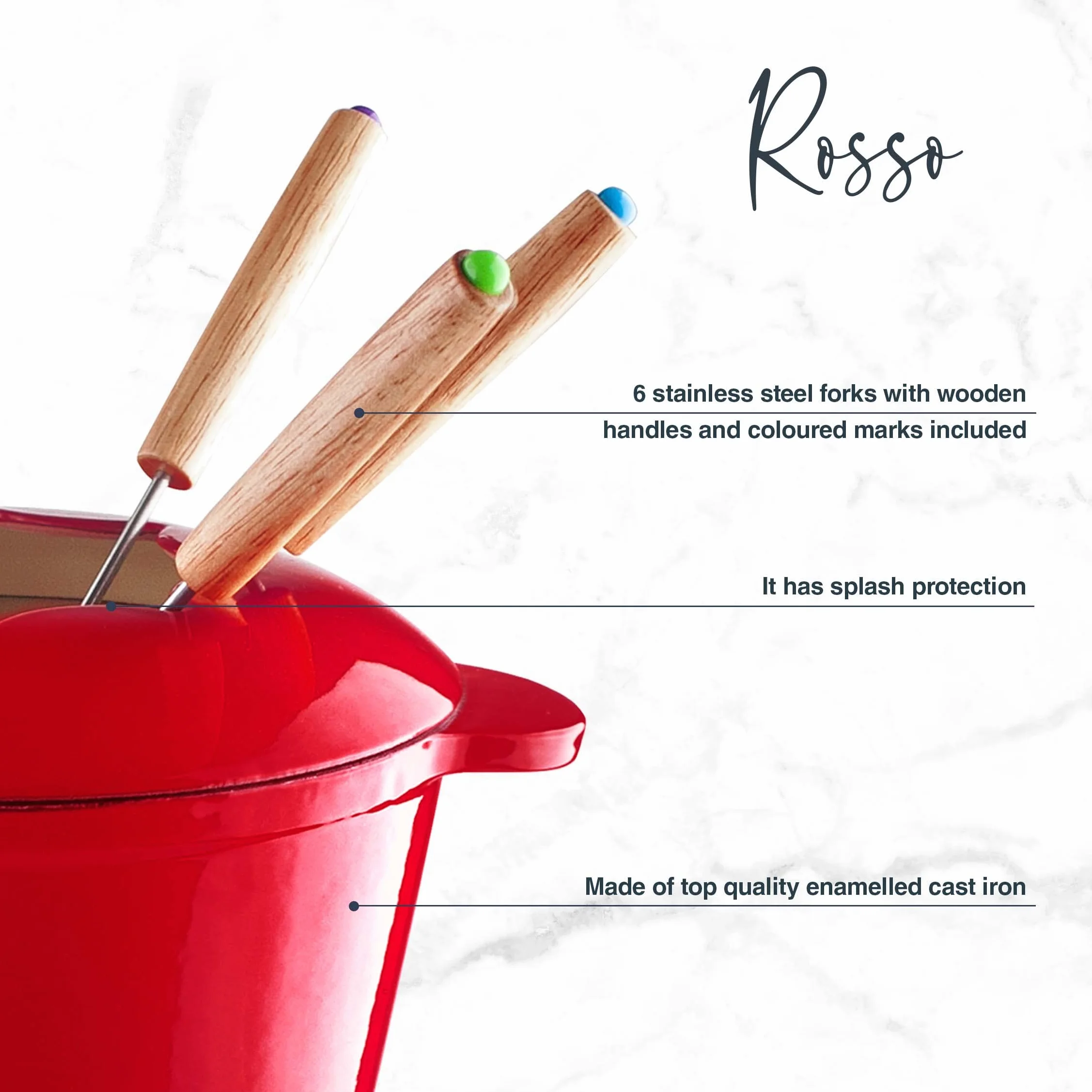 Lacor - 71711 - Service à fondue en fer forgé émaillé, support en fer avec base en bois, adapté à l'induction, 6 fourchettes Ø 16,5 x 10 cm (1,7 litres), Rouge