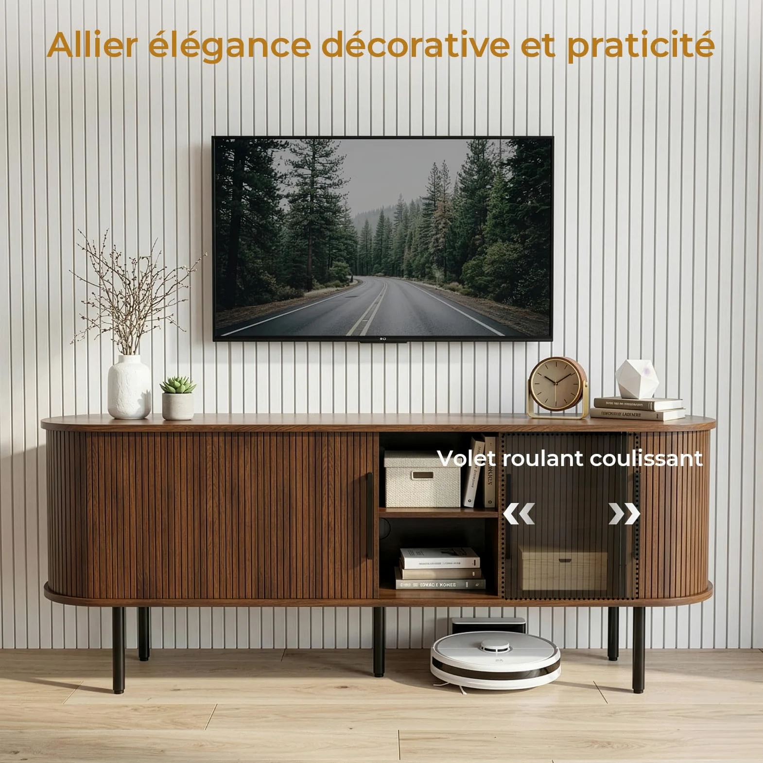 LEADZM Meuble TV avec 2 Portes Coulissantes Étagère Ajustable pour Salon et Chambre à Coucher, Style à lamelles Verticales, 147 x 35 x 58 cm (Noyer)