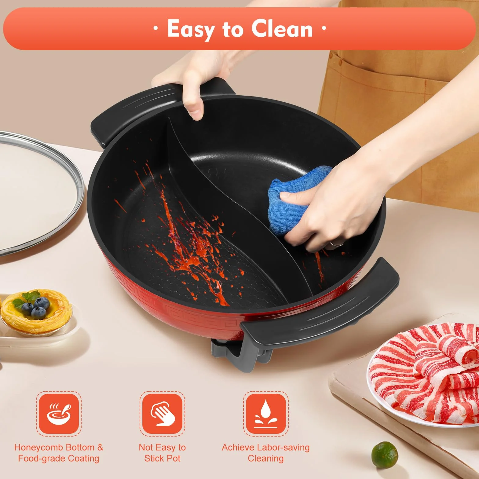Shabu - Casserole électrique - 6 l - Casserole chaude Yin Yang Hotpot multifonction avec cloison et couvercle - Pour la maison, les fêtes, les réunions de famille - 1360 W - 30 cm - Rouge