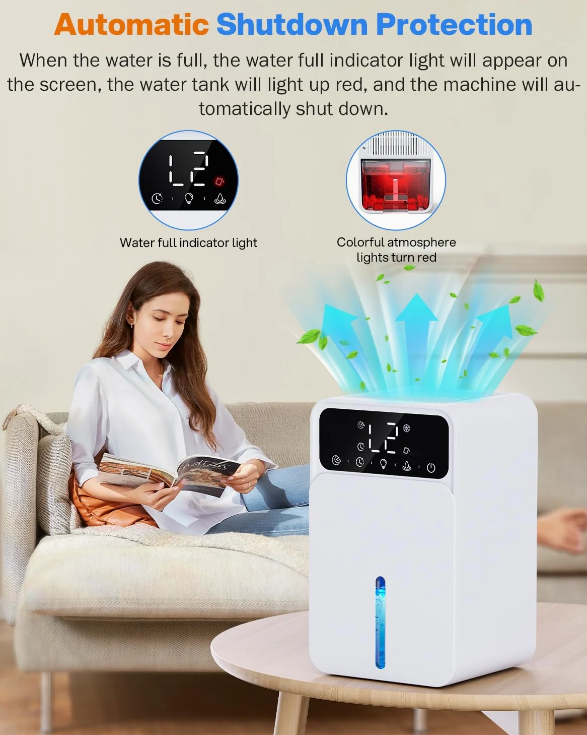 Déshumidificateur d’air électrique 1500mL – avec minuterie, dégivrage auto, arrêt auto, silencieux, 7 lumières LED – pour salle de bain, armoire, chambre à coucher