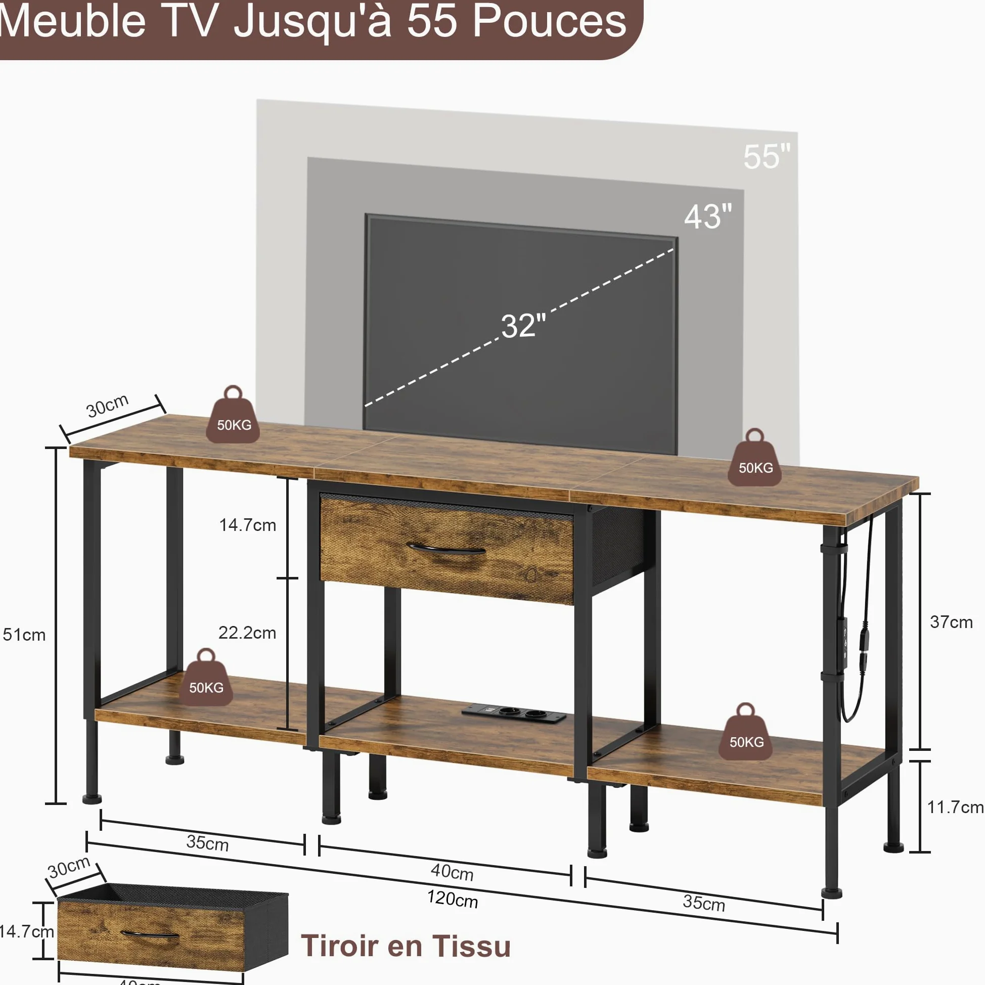 Meuble TV avec Prise et Ports USB, Table Television Salon à Éclairage LED avec Tiroir en Tissu et Étagères Ouvertes, Meuble TV 120 cm pour Téléviseur jusqu'à 55″ Marron Rustique