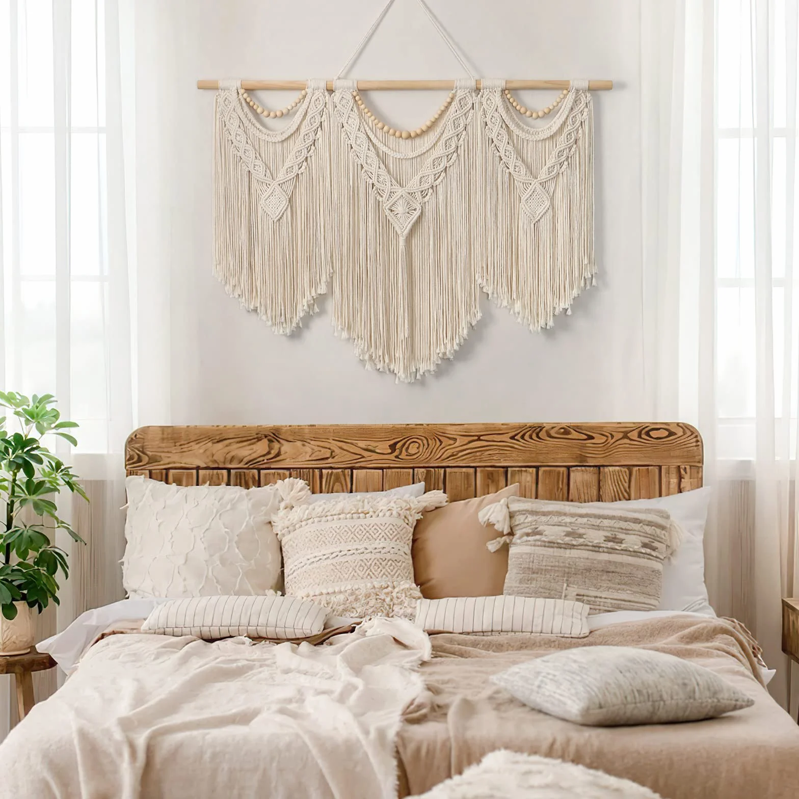 Dremisland Macramé Tenture Murale Grande Boho Chic Tissé Tapisserie Feuille Gland Art Coton Corde Bohème Macramé Décoration Murale pour Chambre Salon Appartement Toile de Fond (Perles en bois)