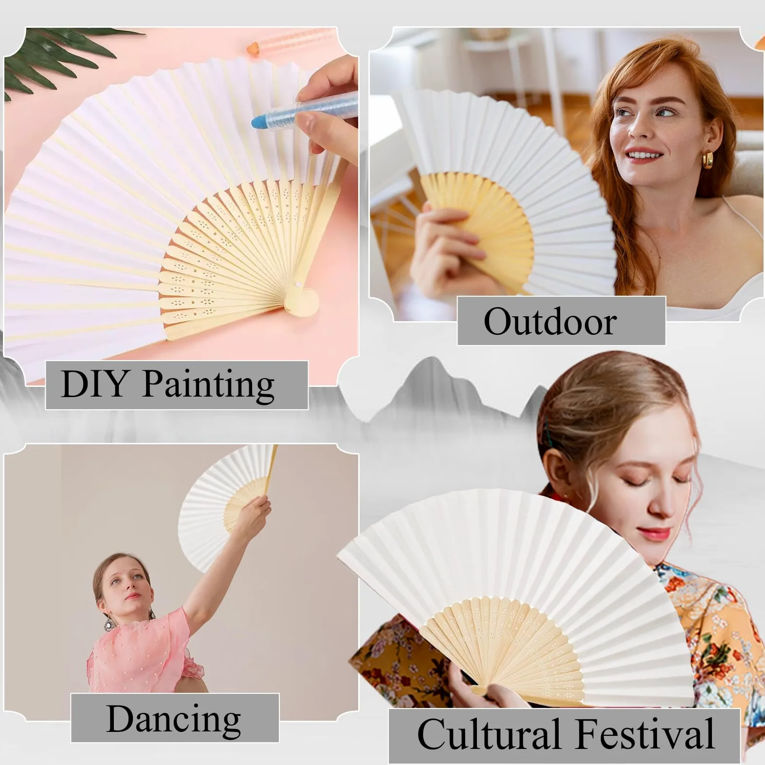 6 Pièces Eventail Blanc Manche pour Mariage et Fête - Bricolage Cadeaux, Décoration Murale, Eventail Papier Pliants Personnalisable