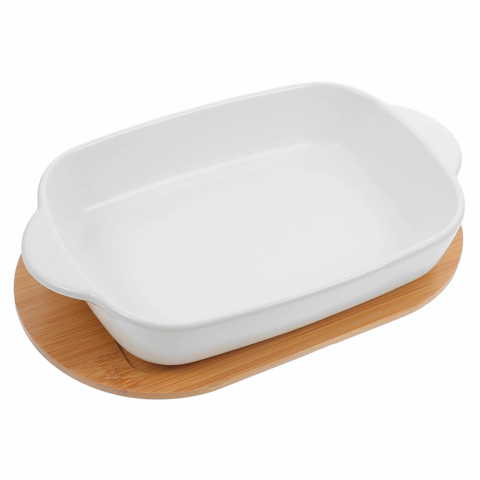 Cabilock Plat à Four Céramique à Double Poignée Plat de Cuisson avec Base Bois Saladier Décoratif pour Salade et Fromage
