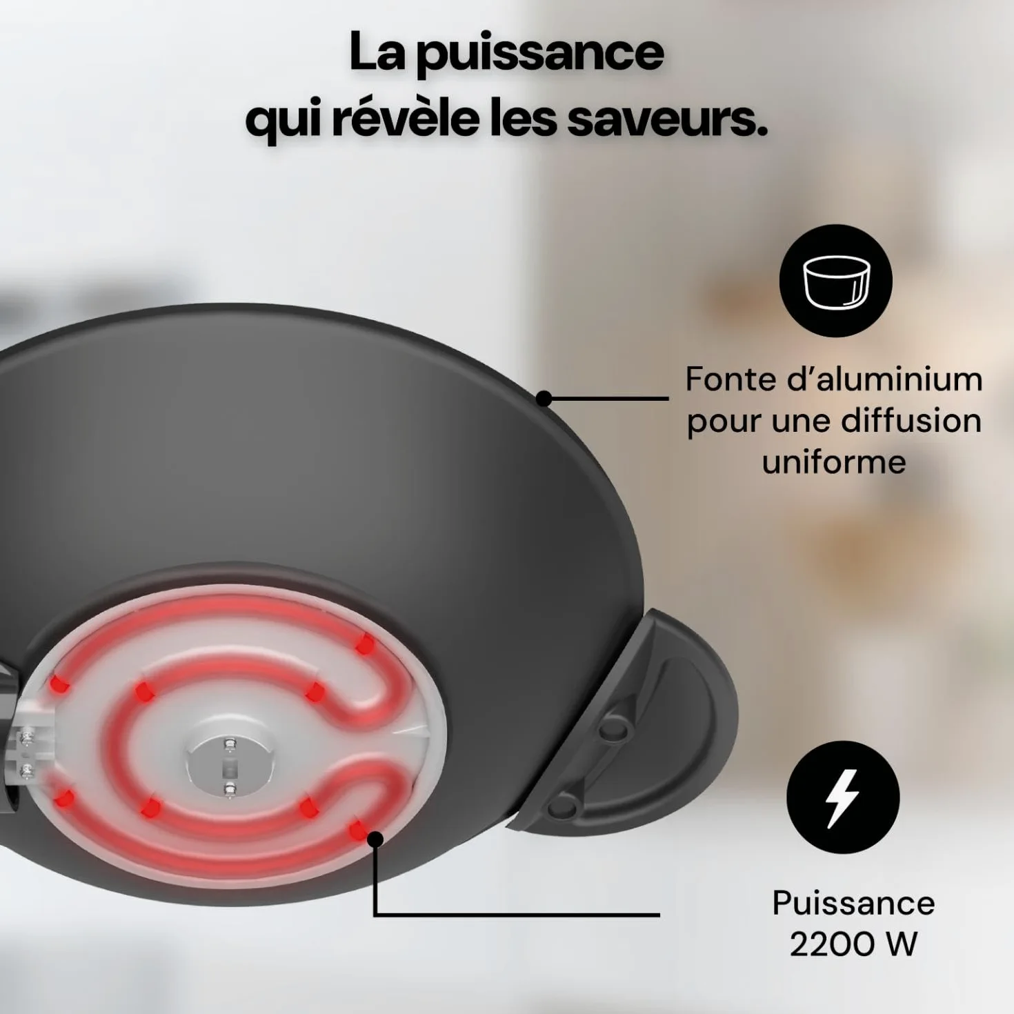 riviera&bar Wok Électrique Expert 5L - 2200W, Cuve en Fonte d'Aluminium, Couvercle en Verre, Thermostat Réglable 10 Positions - Idéal pour 8 Personnes - Accessoires Inclus - Nettoyage Facile