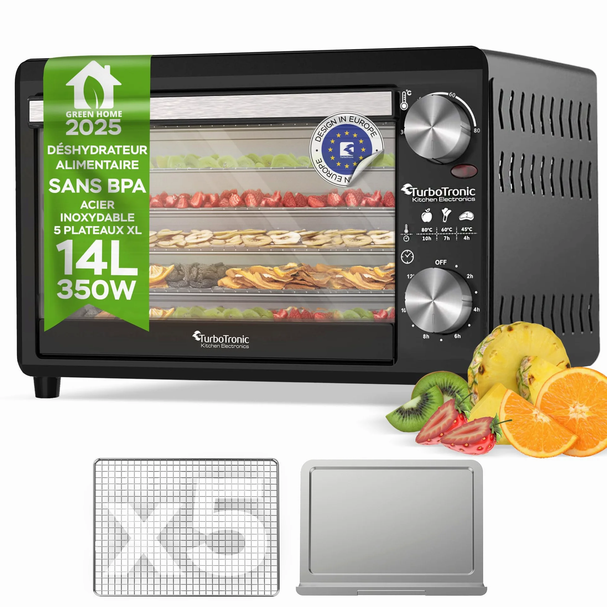 Déshydrateur TurboWave BIO entièrement en métal, 14 litres, fourni avec grilles, minuteur et cahier de recette, dehydrator food (14 Litres)