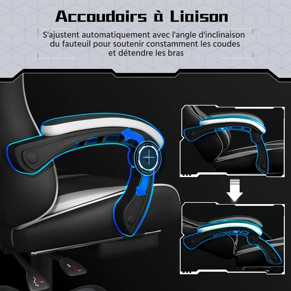Yaheetech Chaise Gaming Ergonomique Massante avec Repose-Pieds Inclinable Rembourré en Similicuir, Fauteuil de Bureau avec Appui-tête et Support Lombaire Roues Pivotantes Blanc