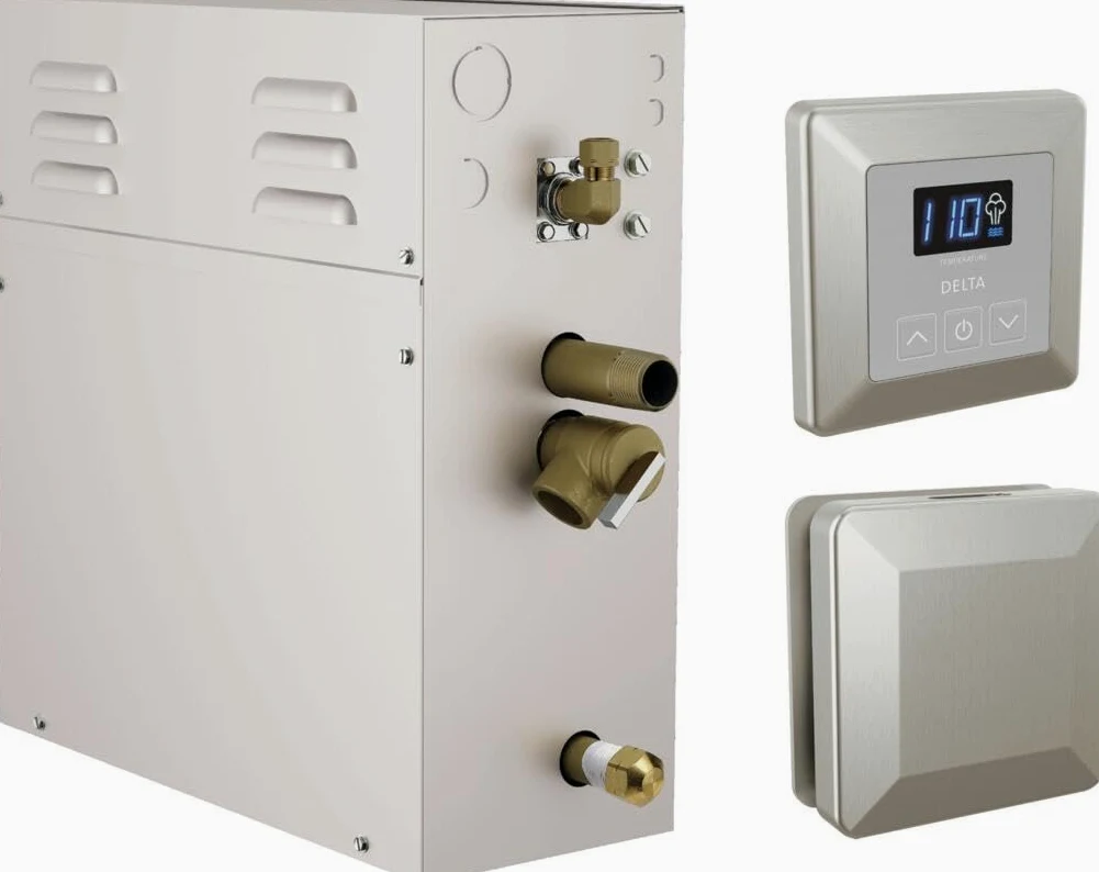 Delta Kit de système vapeur SimpleSteam 4 kW en nickel brossé, comprend un générateur de système de vapeur 4 kW, un système de contrôle numérique carré, une tête de vapeur carrée, Lumicoat Stainless