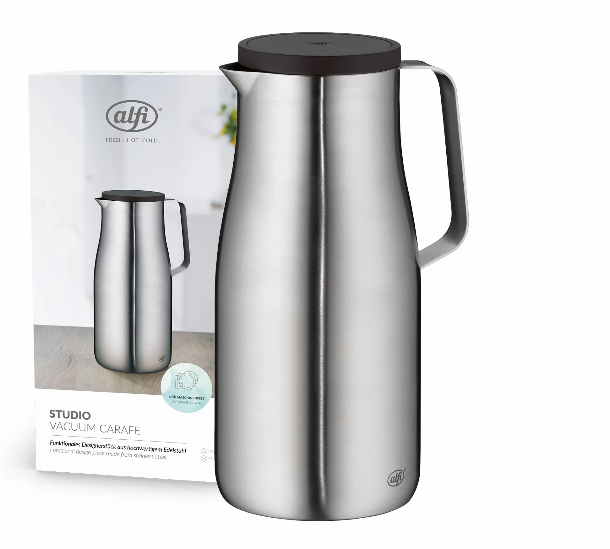 alfi STUDIO TT 1,5 l, inox, pichet isotherme à double paroi en inox mat, maintient 12 heures chaud, 24 heures froid, bouchon vissé, grande ouverture, pichet isotherme, lavable au lave-vaisselle