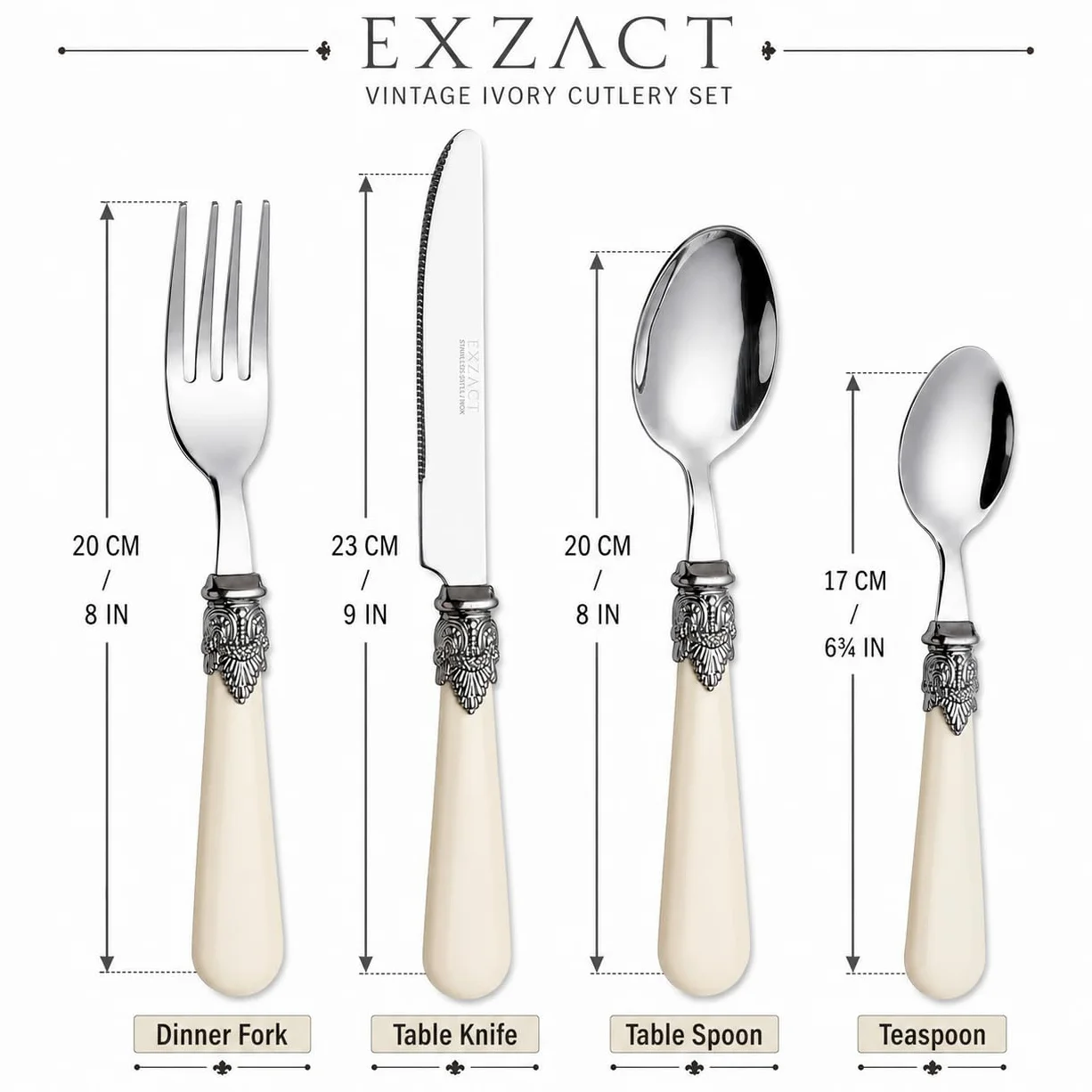 EXZACT Ensemble de couverts crème ivoire 24 PCS, acier inoxydable avec poignée détaillée, traditionnel, élégant, Vintage Style/Antique (WF28-24CRM)