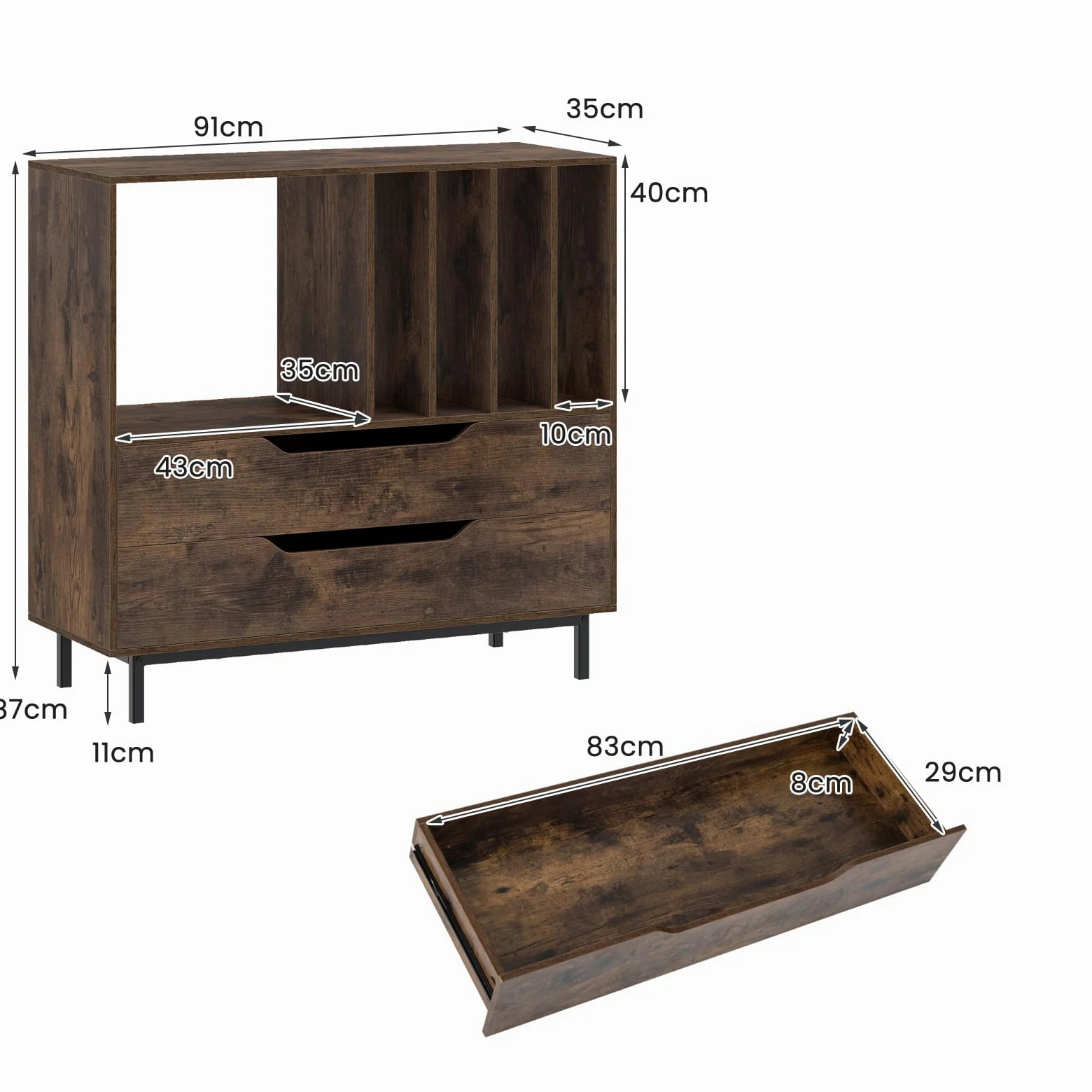 GIANTEX Meuble Platine Vinyle, Support pour Vinyles avec Compartiments Ouverts, 4 Séparateurs, Pieds Métalliques et Tiroir, Étagère pour Disques en Bois pour Salle de Musique, Salon (Marron)