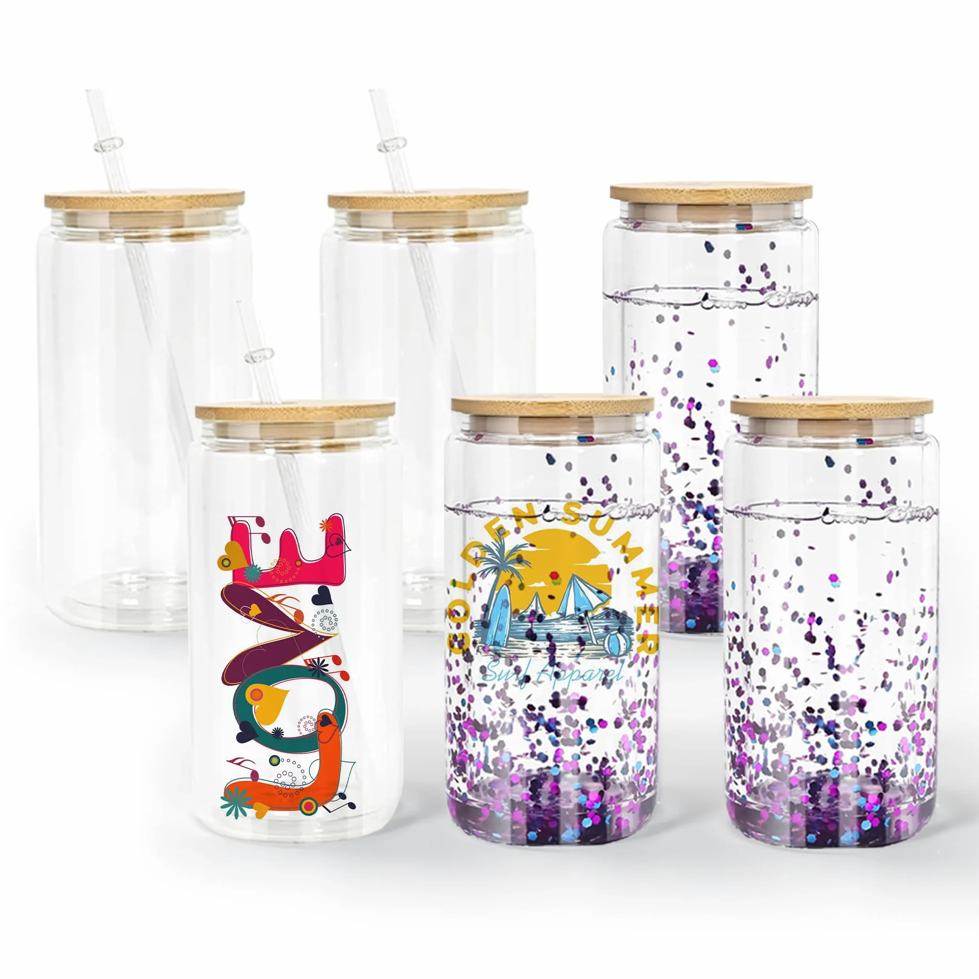 Lot de 6 tasses à sublimation en verre vierge, 473 ml - Tasses à neige transparentes à double paroi avec couvercle en bambou, tasses à sublimation pour café, lait, soda