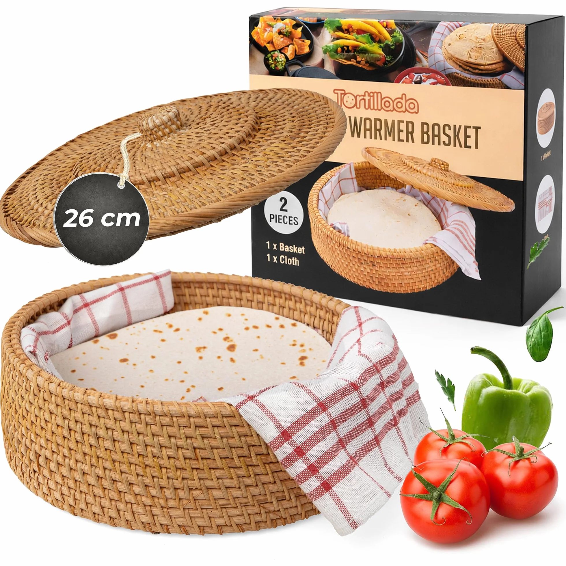 Tortillada - Chauffe Tortillas 26 cm Rotin – Panier à Pain Fait Main pour Tortillas, Wraps et Pain Plat – Avec Tissu en Coton, Garde les Aliments Chauds