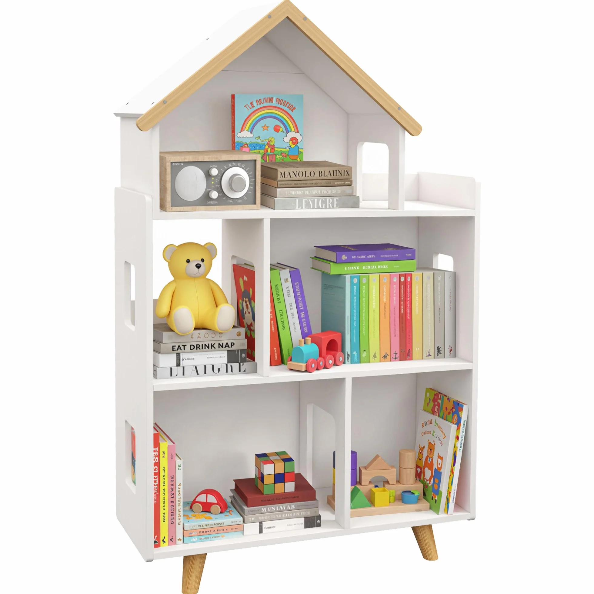 ZONEKIZ Étagère de Rangement pour Jouet Enfant et Livres Meuble de Rangement Forme de Maison - 3 Niveaux avec étagères - Bois Massif - 65 x 25 x 108,5 cm - Blanc et Naturel