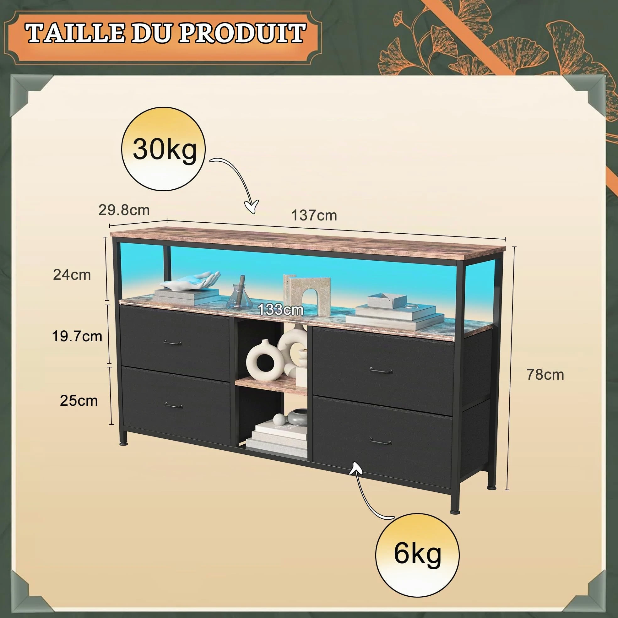MEXUS Meuble TV, LED Meuble Tele Haut, Meuble TV avec Rangement, Etagères Réglables, 4 tiroirs en Tissu, Intégrez Solutions Rangement Optimisez Visionnage Améliorez L'esthétique (Noir, 137cm)
