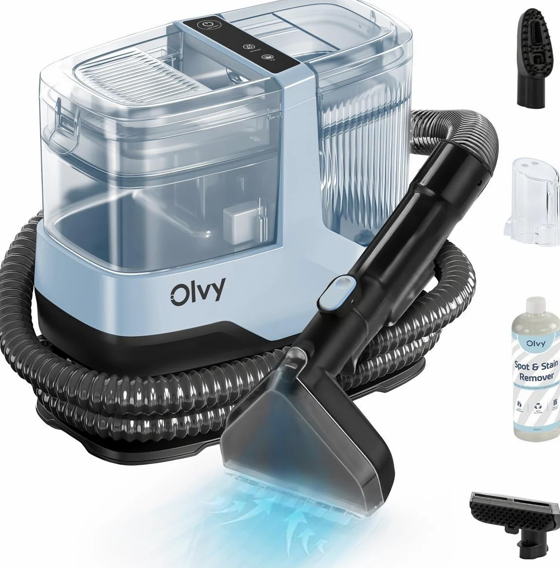Olvy Nettoyeur de Tapis – Puissant Détacheur 17.000 PA avec Tuyau de 1,6m, Câble de 4m, Fonction d’Auto-Nettoyage & 500ml de Solution de Nettoyage – Tapis, Canapé, Matelas & Voiture