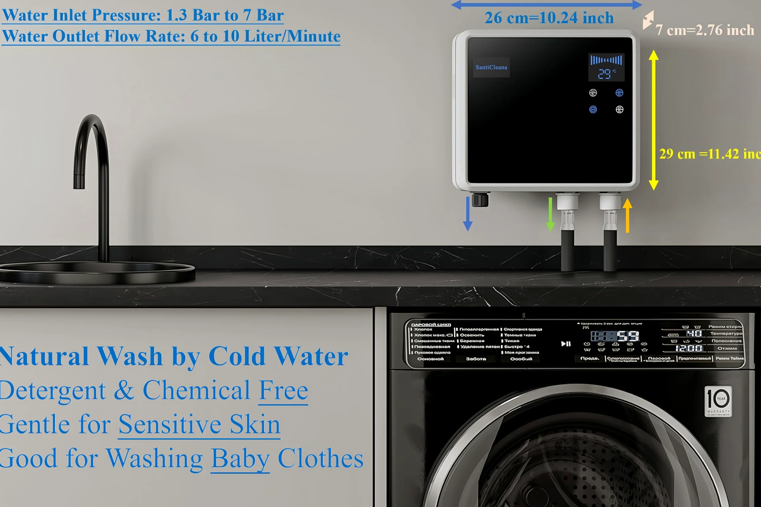 SantiCleana Générateur d’ Eau à l’ Ozone pour Machine à Laver - avec Pulvérisateur en Acier Inoxydable ! 2 Sorties d’ Eau ! - Taux de Nettoyage Plus Élevé !