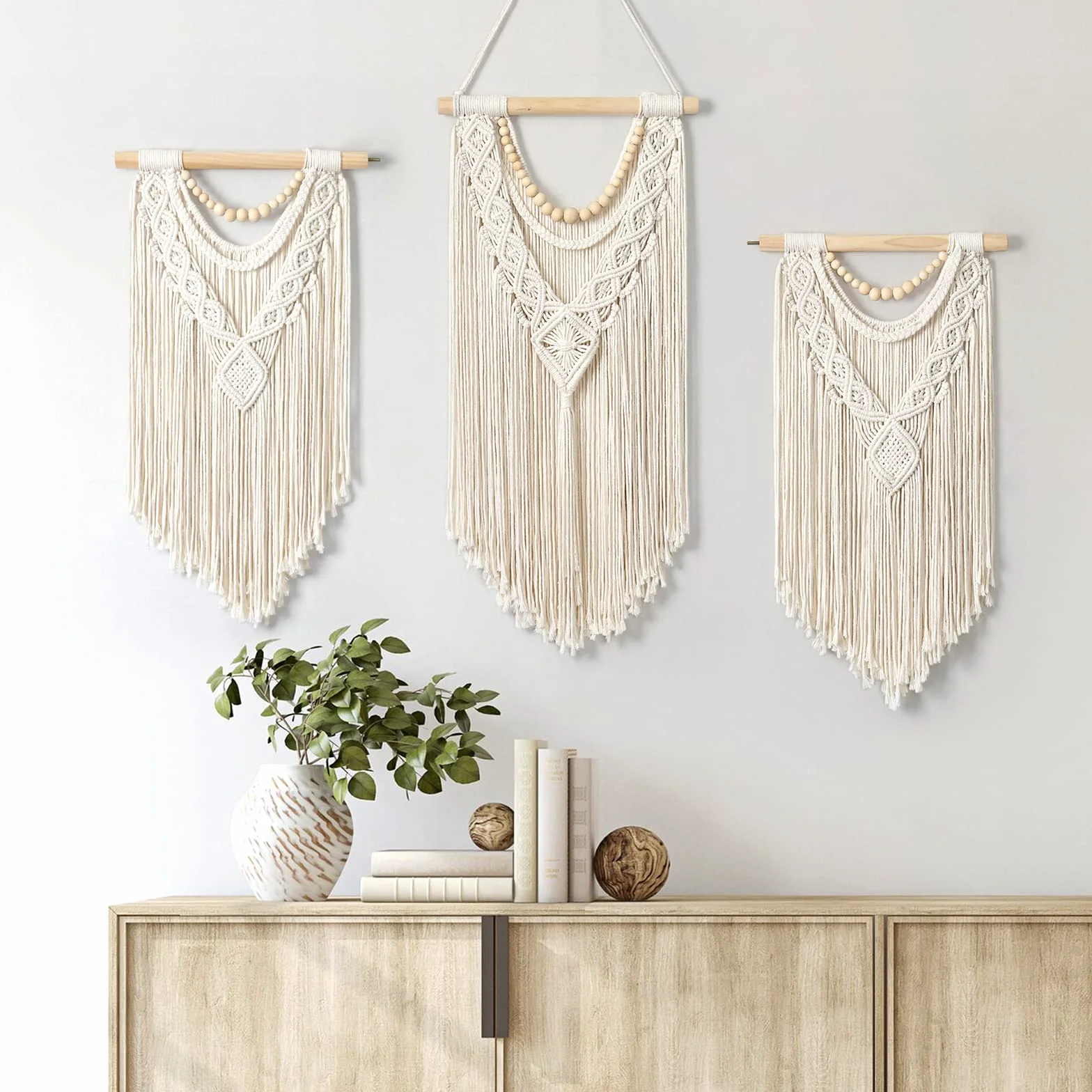 Dremisland Macramé Tenture Murale Grande Boho Chic Tissé Tapisserie Feuille Gland Art Coton Corde Bohème Macramé Décoration Murale pour Chambre Salon Appartement Toile de Fond (Perles en bois)