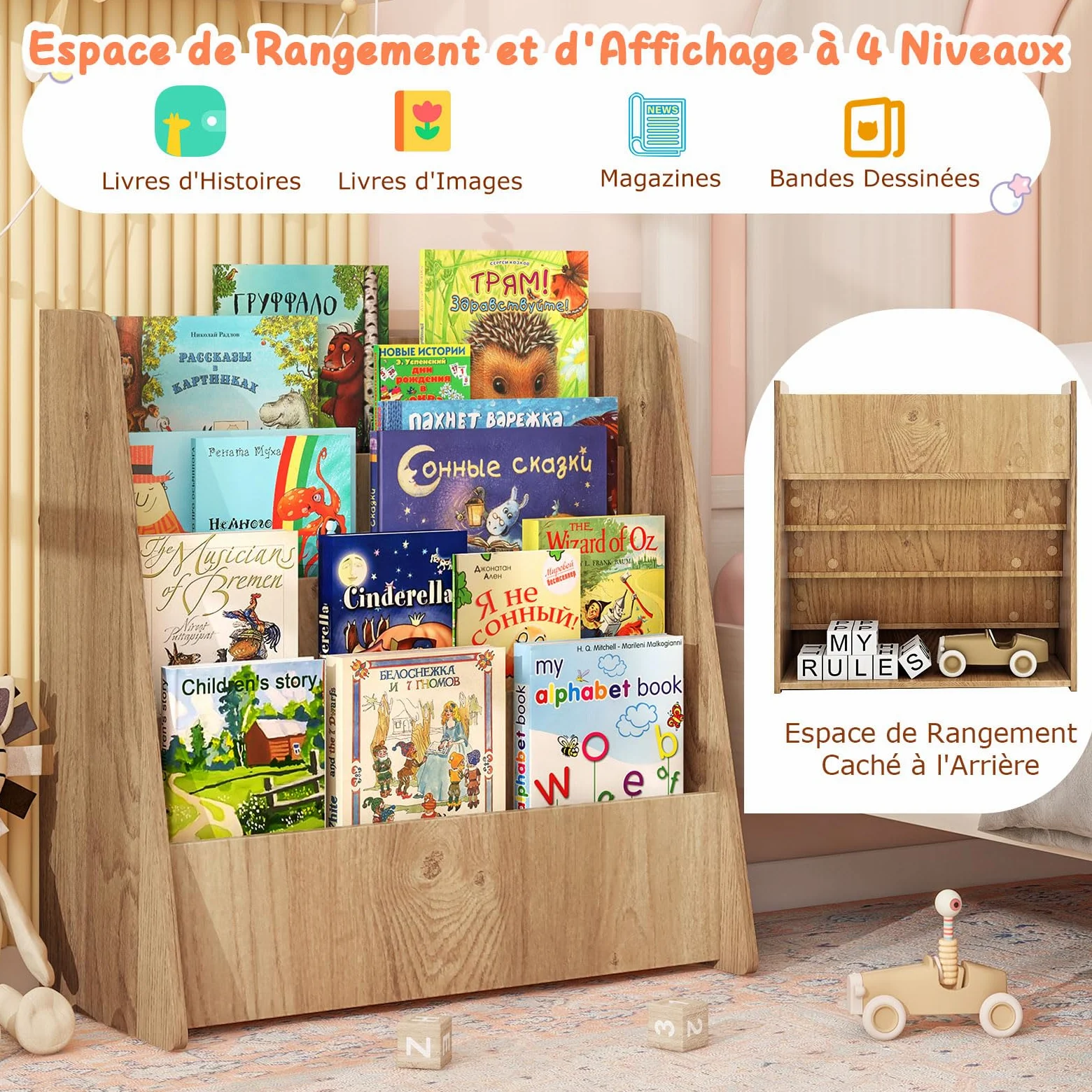 COSTWAY Bibliothèque Enfant en Bois à 4 Niveaux de Compartiments Ouverts, Étagère à Livres avec Patins Antidérapants, Meuble Rangement Jouet Montessori pour Bureau Chambre d’Enfant, 57,5x26,5x59cm