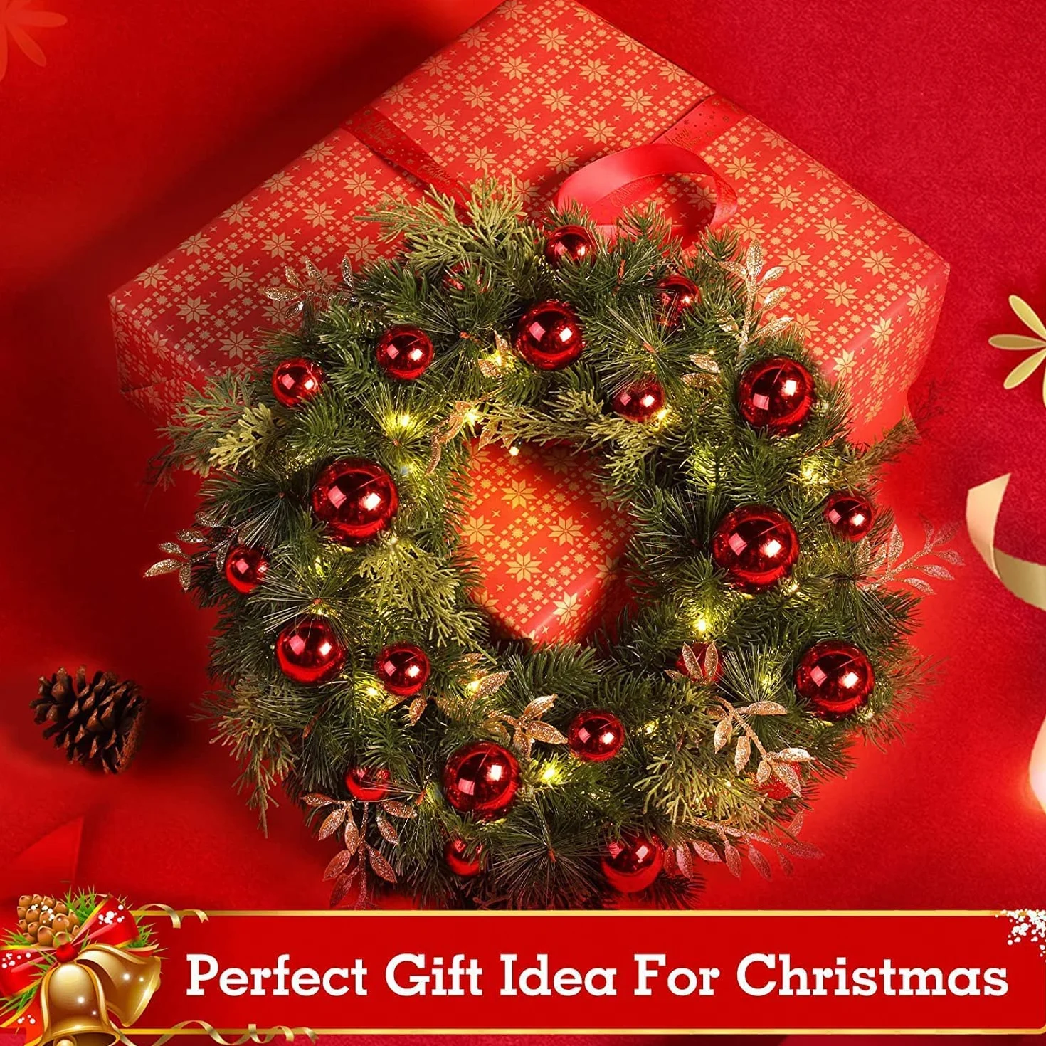GlobaLink Couronne de Noël, Sapin Artificiel Couronne Porte d'Entrée Couronnes et Guirlandes de Noël Rouges avec Pommes de Pin,40CM