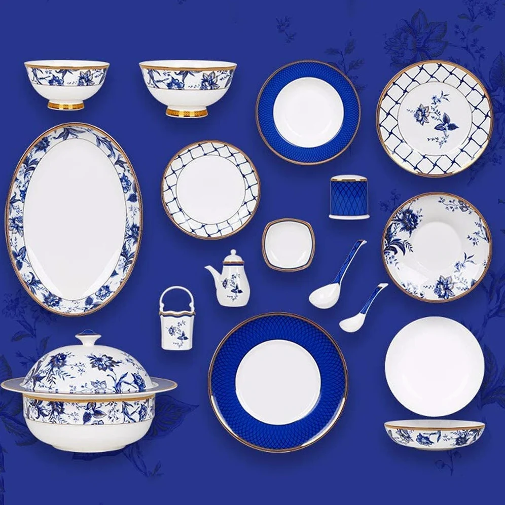 Service de Table en céramique pour la Maison, 60 pièces, Service de Table Haut de Gamme en Porcelaine Anglaise, Assiette/Bol/Pot à Soupe - Ensemble combiné en p(