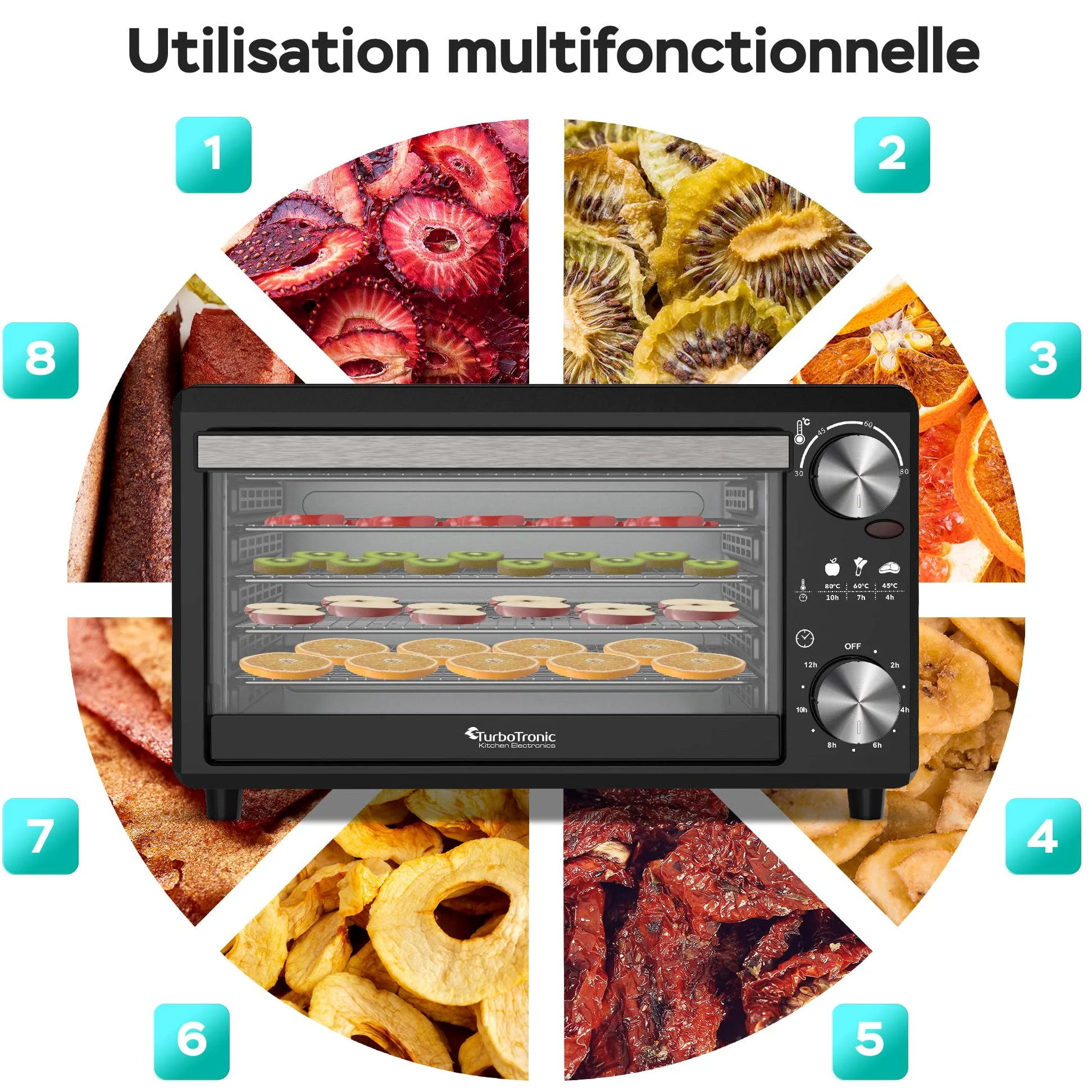 Déshydrateur TurboWave BIO entièrement en métal, 14 litres, fourni avec grilles, minuteur et cahier de recette, dehydrator food (14 Litres)