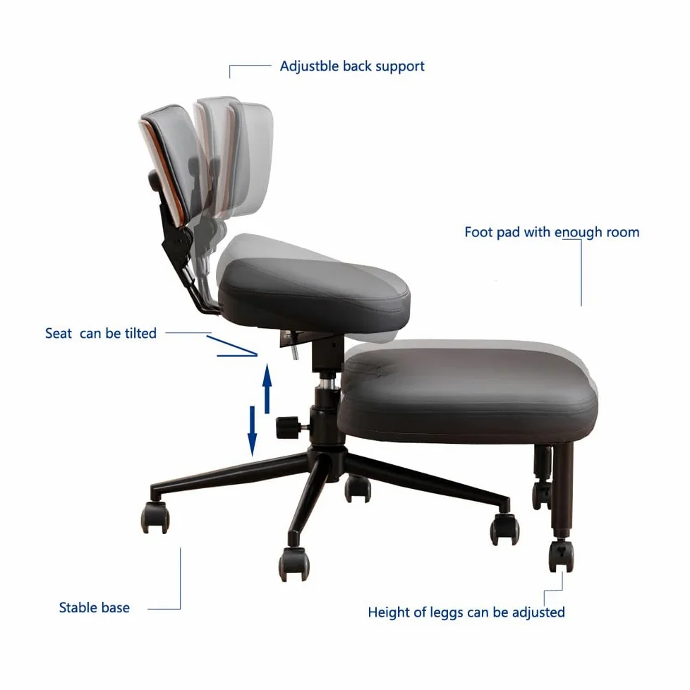 Chaise genoux ergonomique avec dossier, tabouret réglable pour une meilleure posture, assise rembourrée avec roulettes, noire