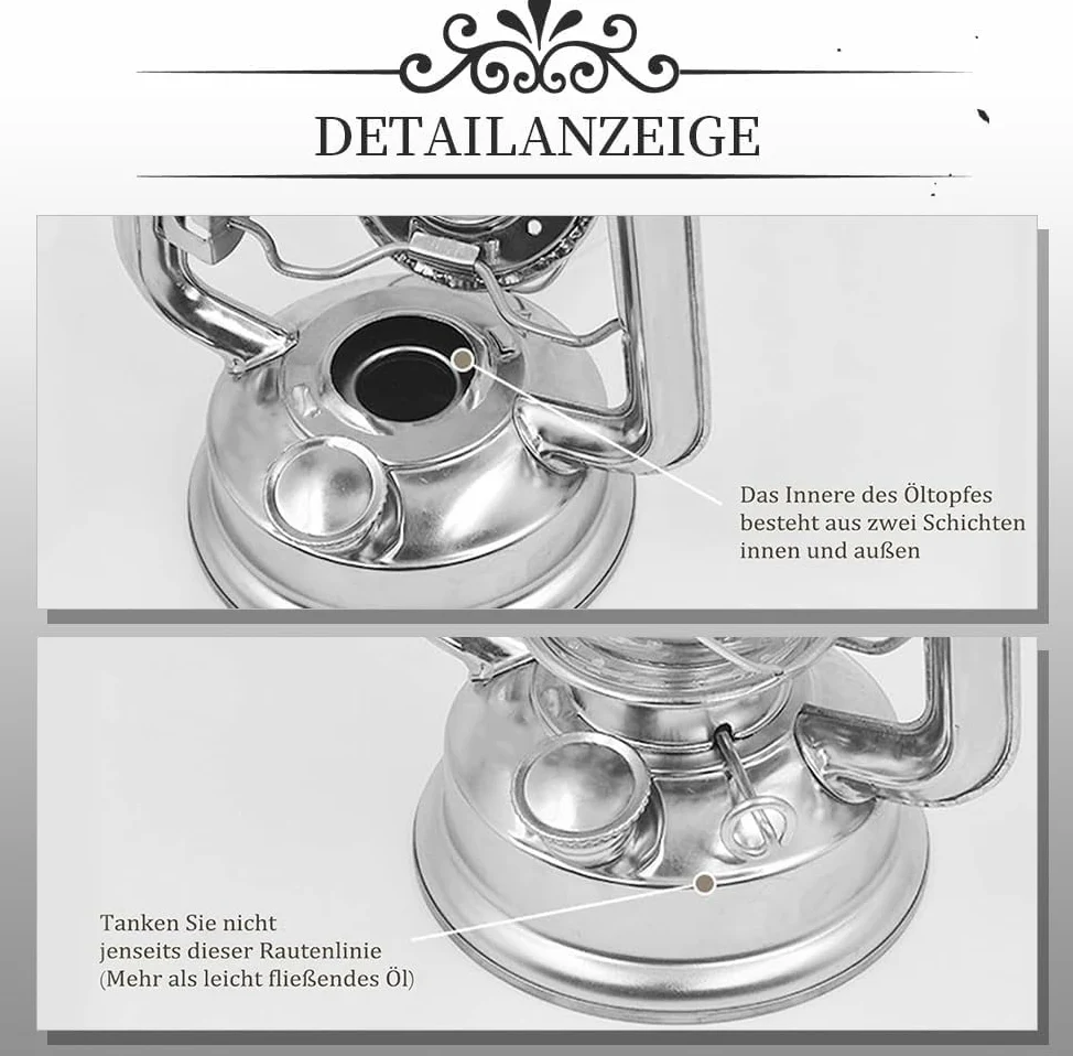 Lot de 2 lanternes d'écurie : lanterne tempête à pétrole nostalgique avec ampoule en verre, argentée 24 cm, lanterne d'écurie à pétrole, lampe tempête, ignifuge (2 pièces)