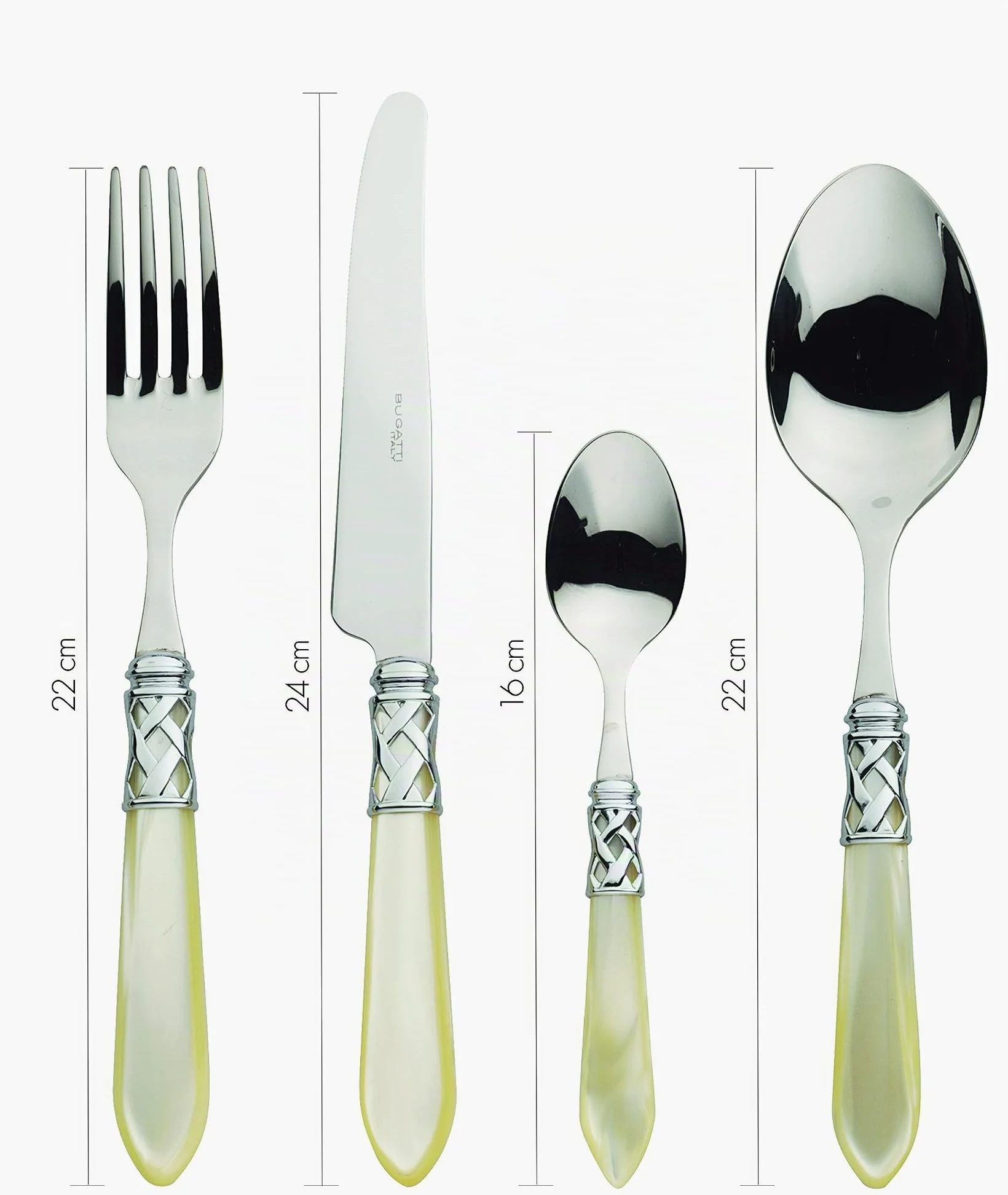 BUGATTI, Aladdin, Ensemble de 24 Couverts en Acier Inoxydable 18/10, Anneau chromé et poignée Blanche Effet Nacre. Set 6 Personnes: 6 cuillères, 6 fourchettes, 6 Couteaux et 6 cuillères à café