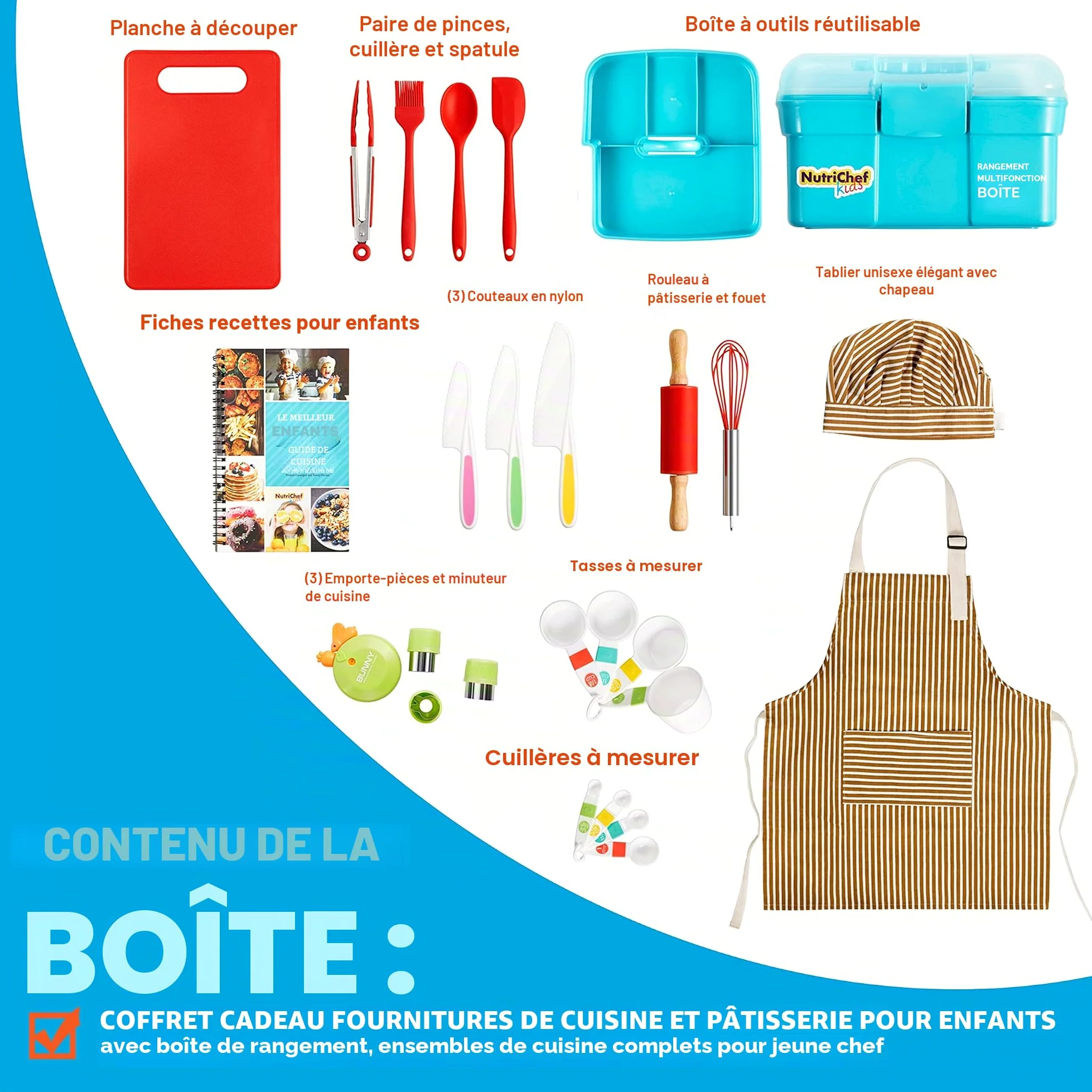 NutriChef Kit Cuisine Enfant et Pâtisserie – Set Complet avec Tablier Little Chef, Livre de Recettes, Couteaux Nylon et Ustensiles, dès 4 Ans
