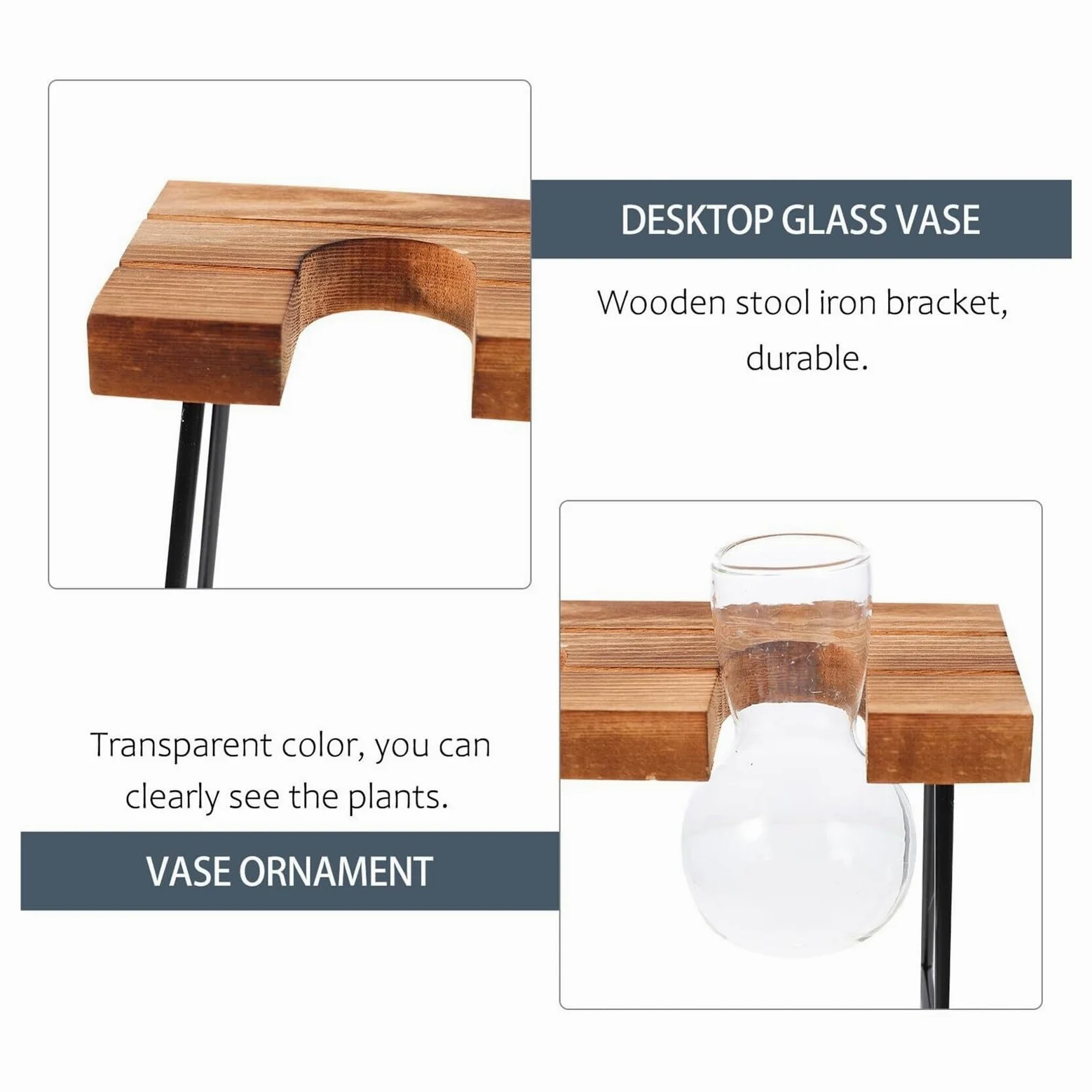 Vase à Fleurs Vase hydroponique en Verre avec Cadre Bois, Ensemble de Trois tabourets Ronds, Station Propagation Plantes décoratives Décoration intérieure